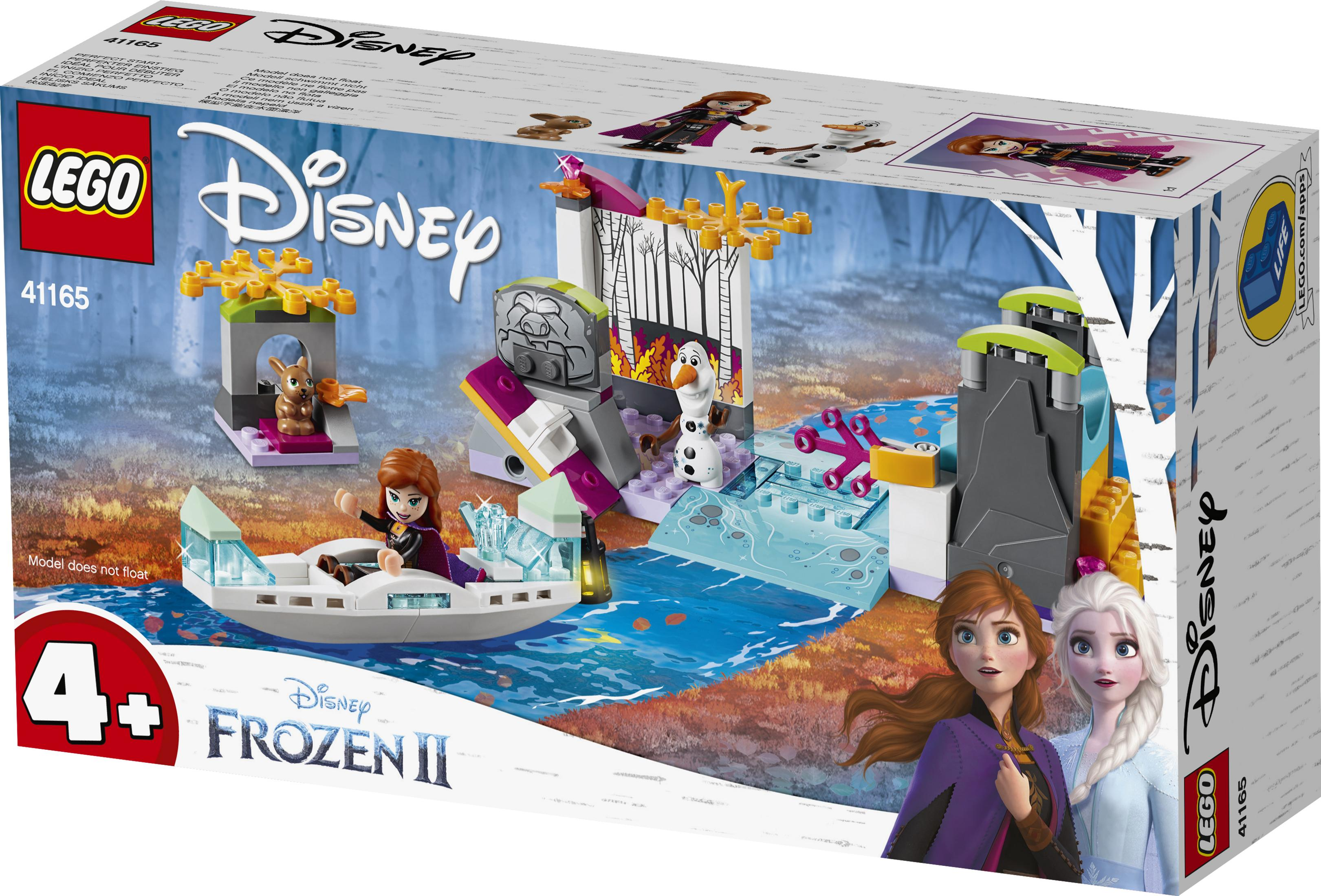 Pudełko zestawu LEGO Disney Frozen II z figurkami Anny i Elsy, łodzią i zimowym krajobrazem.