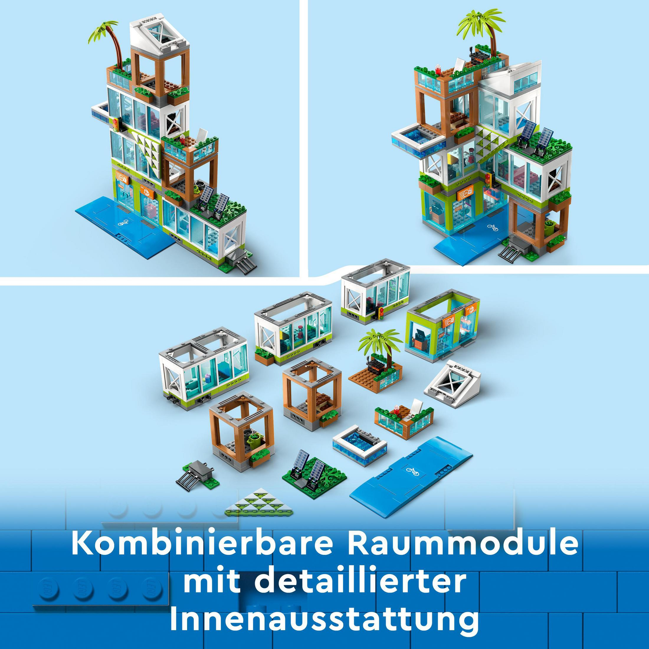 Zestaw konstrukcyjny Lego z wieloma modułami i szczegółowym wnętrzem, pokazany w studio.