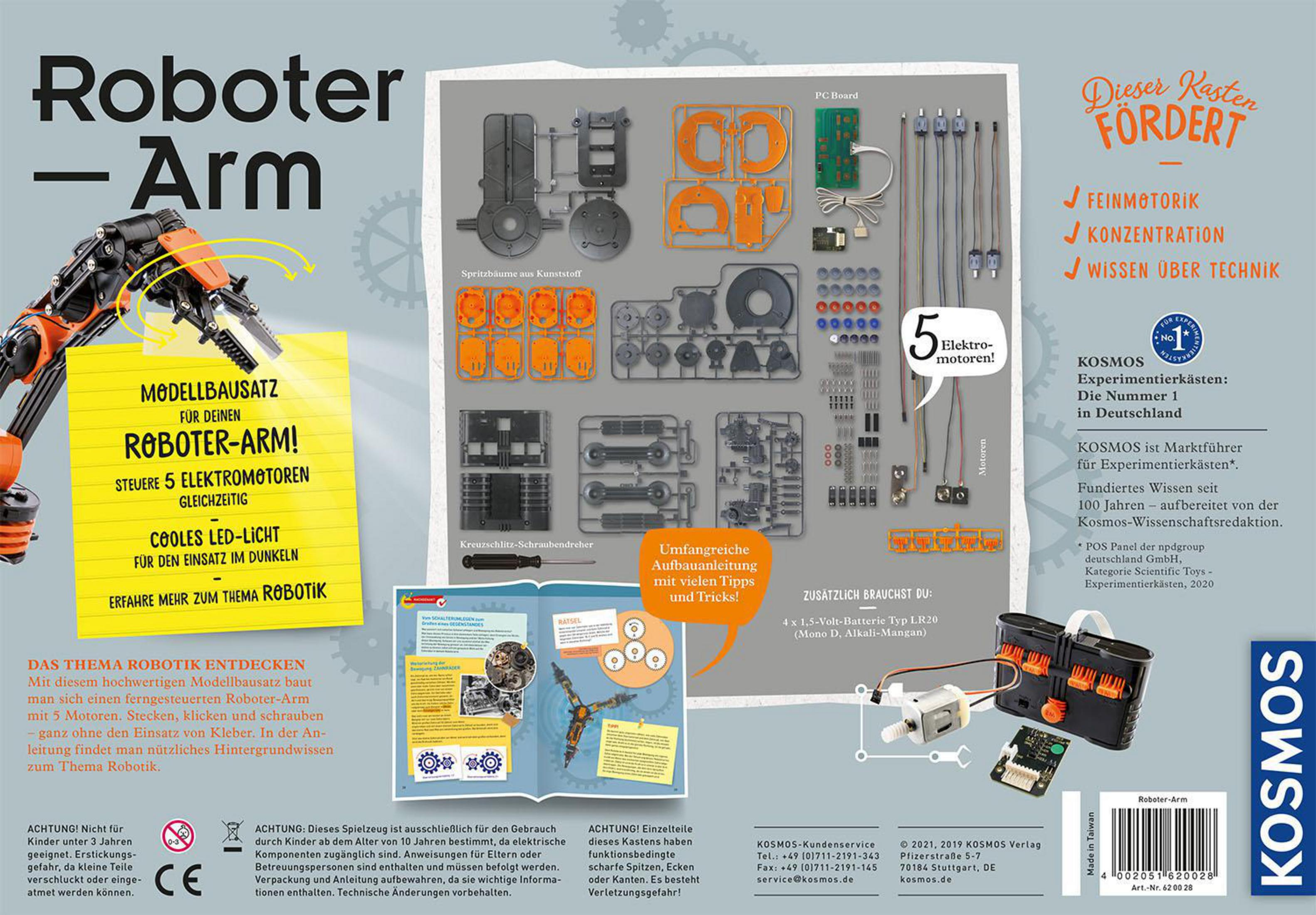 Rückseite einer Wissenschaftskasten-Box mit Anweisungen und einer Roboterarm-Illustration.