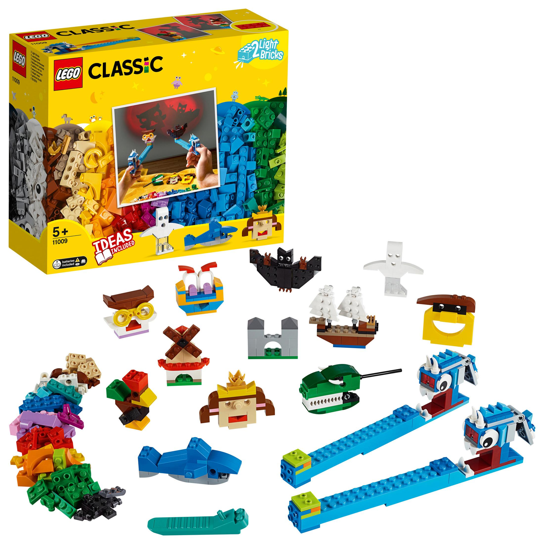 Lego Classic Set mit bunten Steinen und Mini-Bauten, einschließlich Hai und Burg.