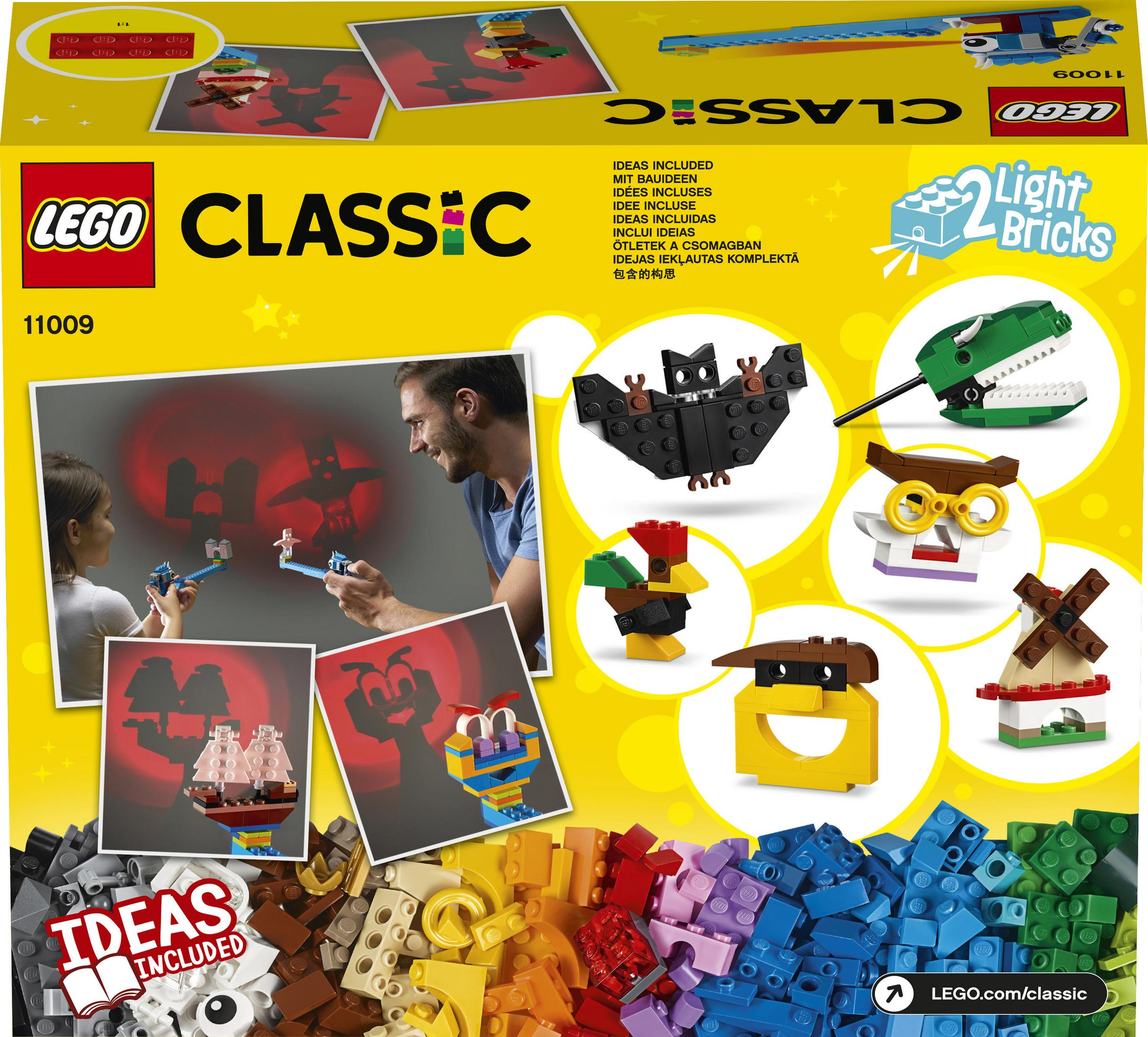 Lego Classic Box mit Set-Details und Schattenspiel-Beispielen.