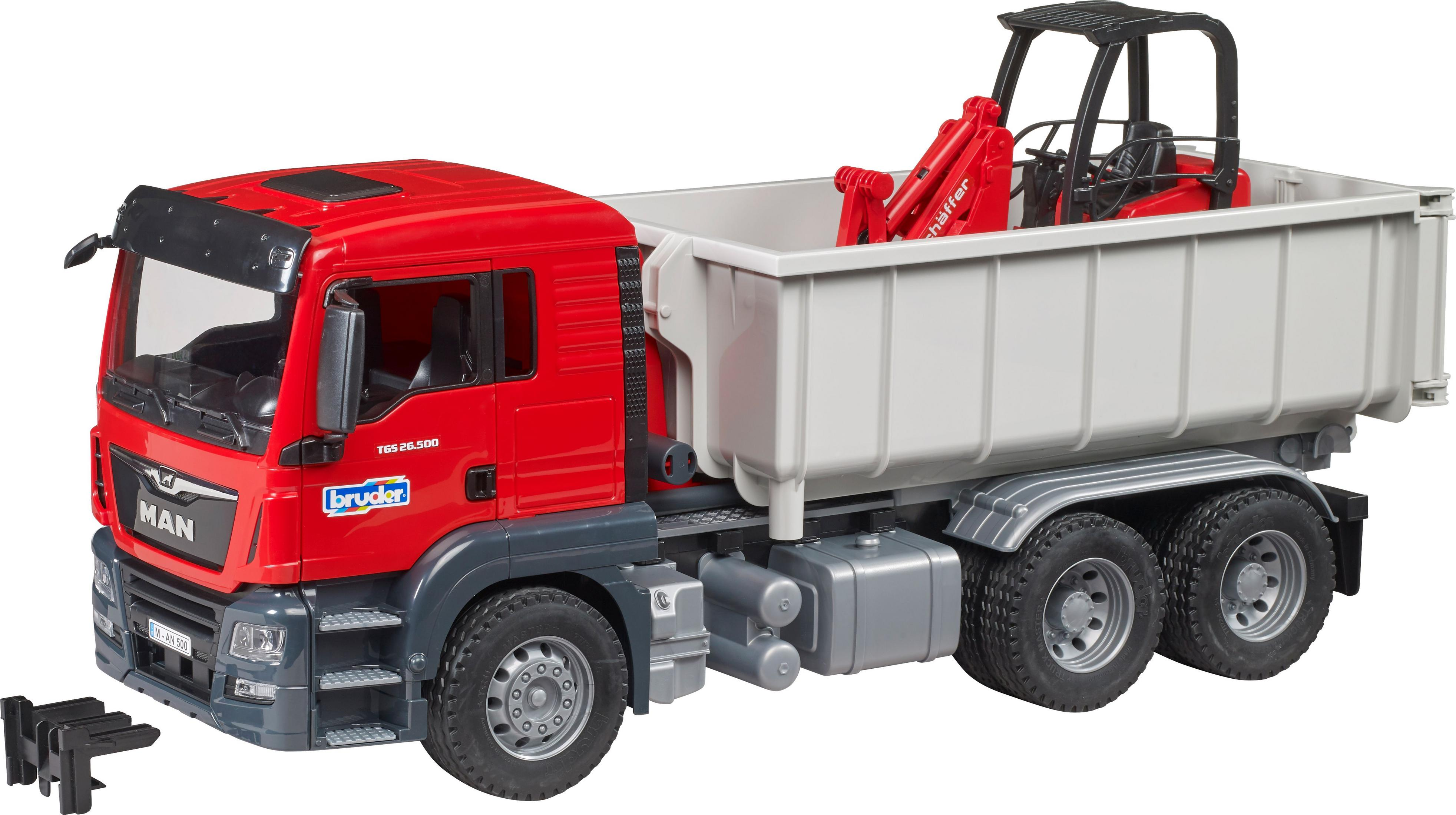 Ein roter und grauer Spielzeug-LKW mit einem weißen Container und einem Kran darin.