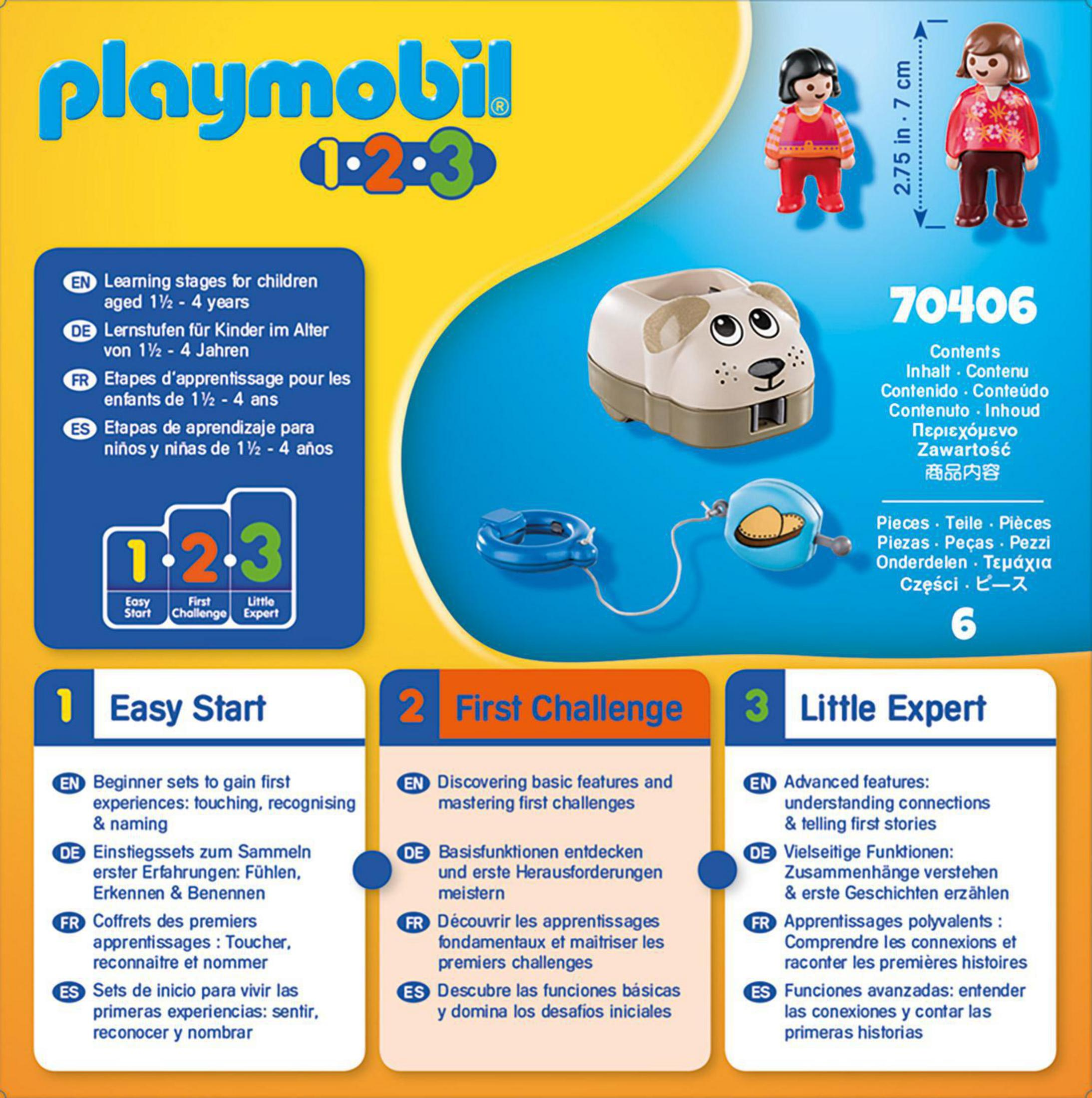 Playmobil 1.2.3 Set mit Figuren und einem Hundehäuschen, mit Lehrtext über Lernstufen.