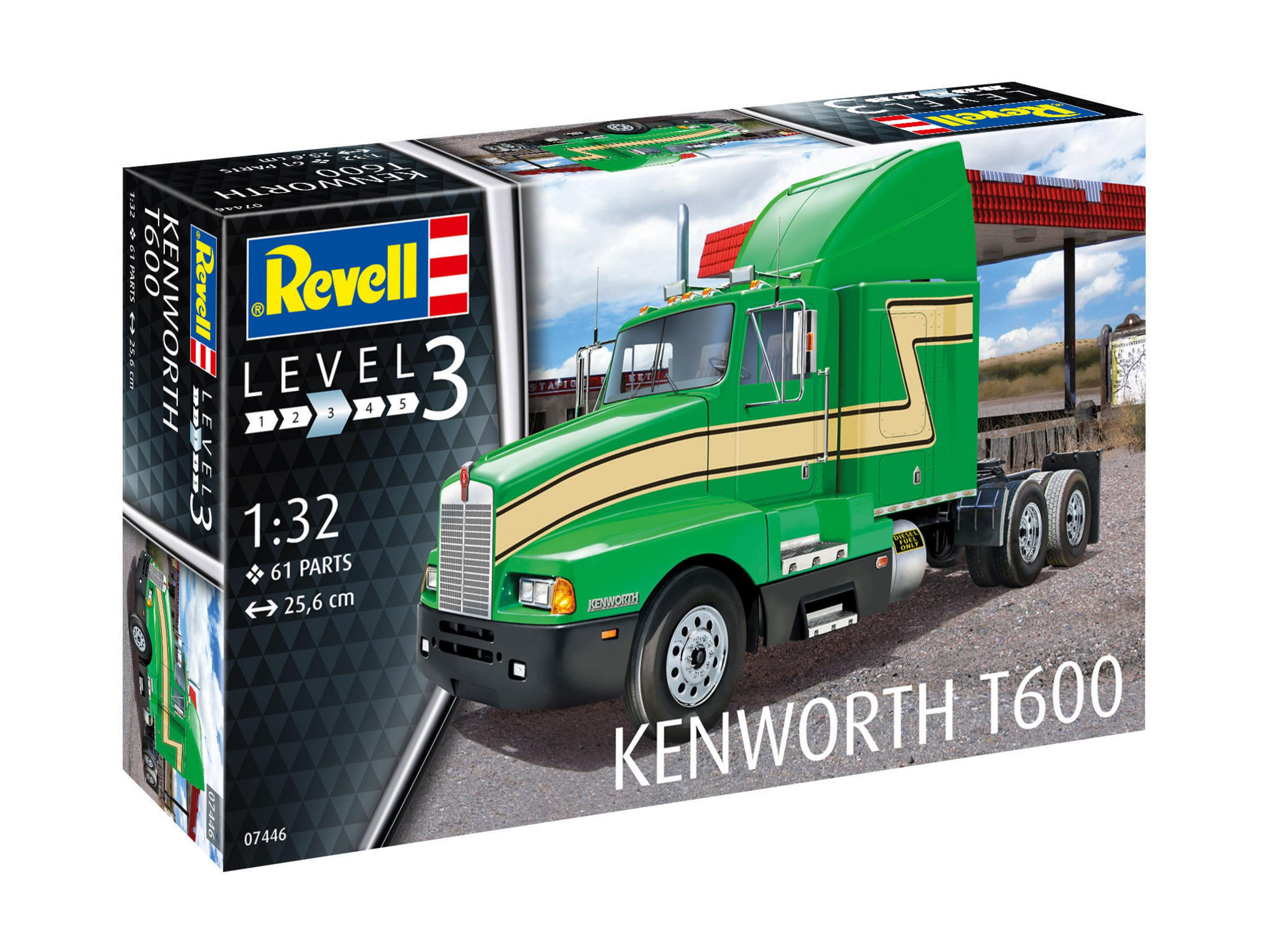 Ein Revell Modellbausatz eines Kenworth T600-Trucks. Das Bild zeigt den Truck auf einer Straße.