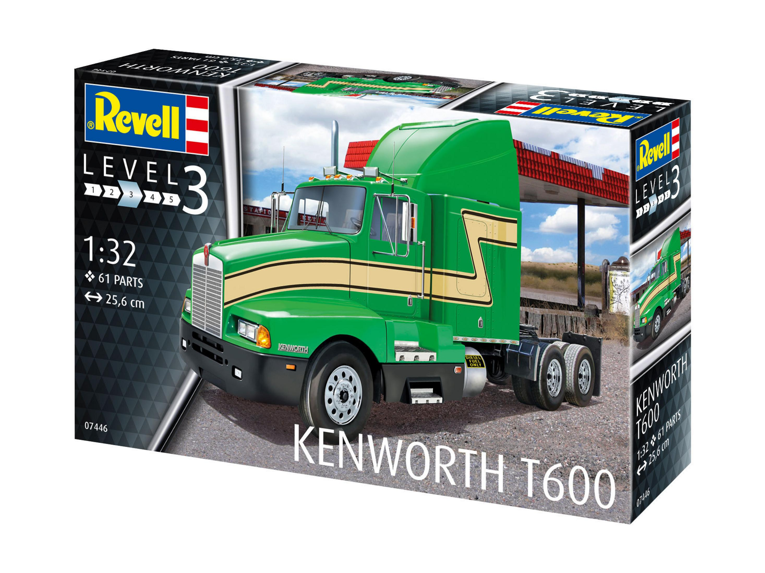 Eine Revell-Modellbausatzbox eines grünen Kenworth T600-Trucks.