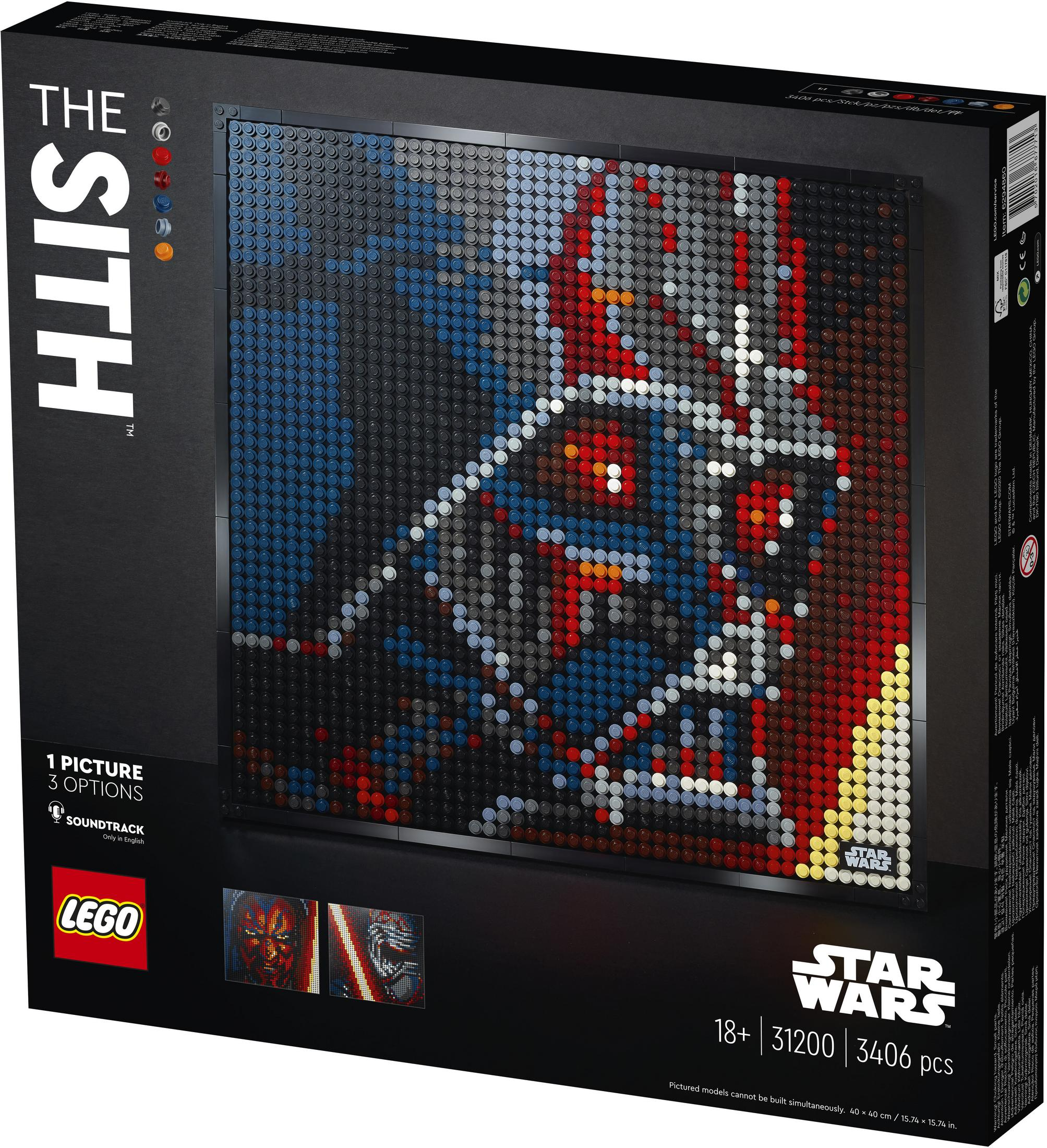 Eine LEGO Star Wars Box mit Darth Vader. Der Hintergrund ist schwarz, rot, blau und weiß.