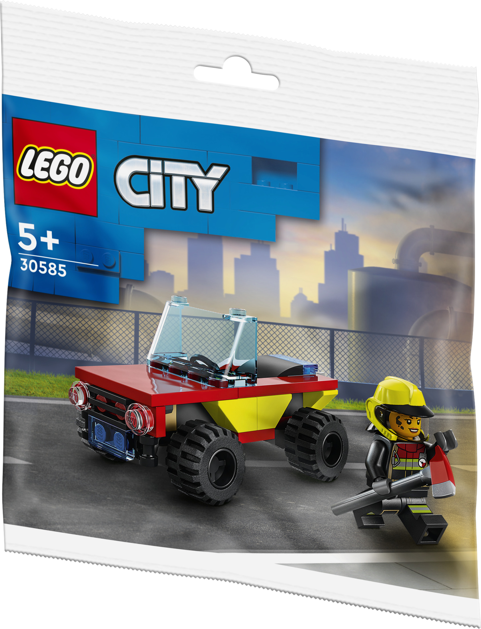 Zestaw Lego City z czerwono-żółtym jeepem, figurką strażaka i tłem panoramy miasta.