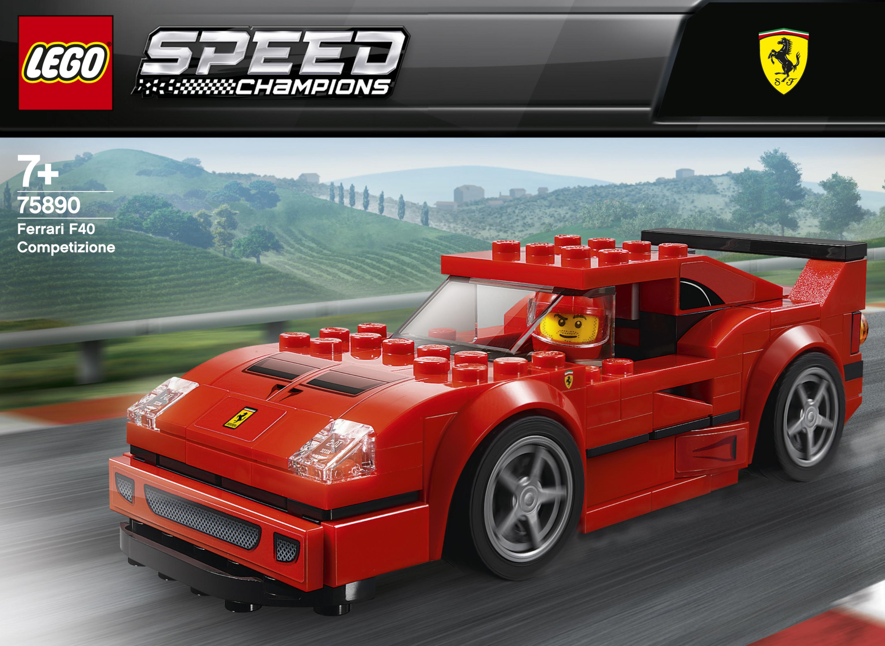 Pudełko zestawu Lego z czerwonym samochodem Ferrari F40 z kierowcą na torze wyścigowym.