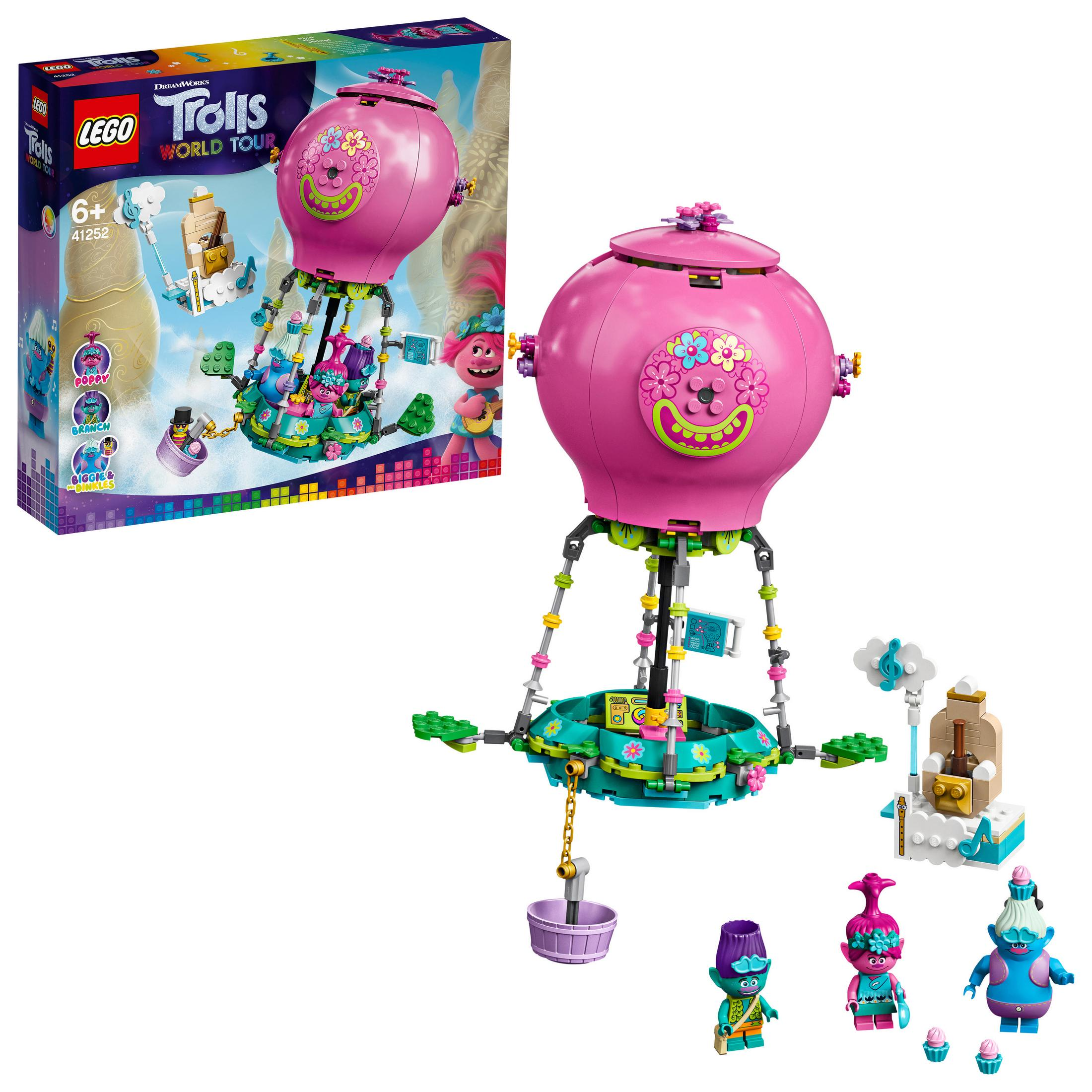 Lego Trolls World Tour Set, ein rosa Heißluftballon, Figuren und Zubehör.