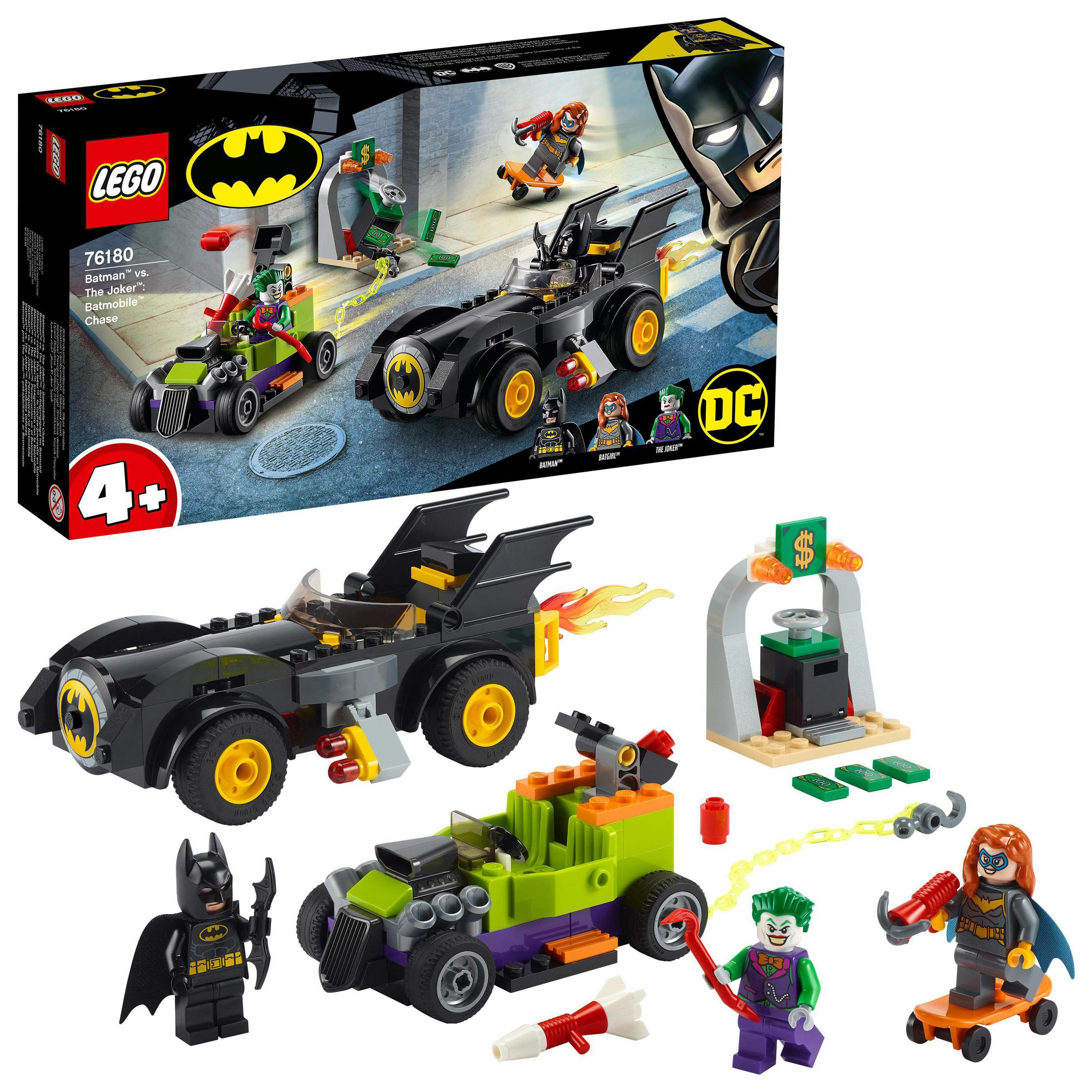 Zestaw Lego Batman. Zawiera figurki Batmana, Jokera i Batmobilu oraz samochód Jokera, z akcesoriami.