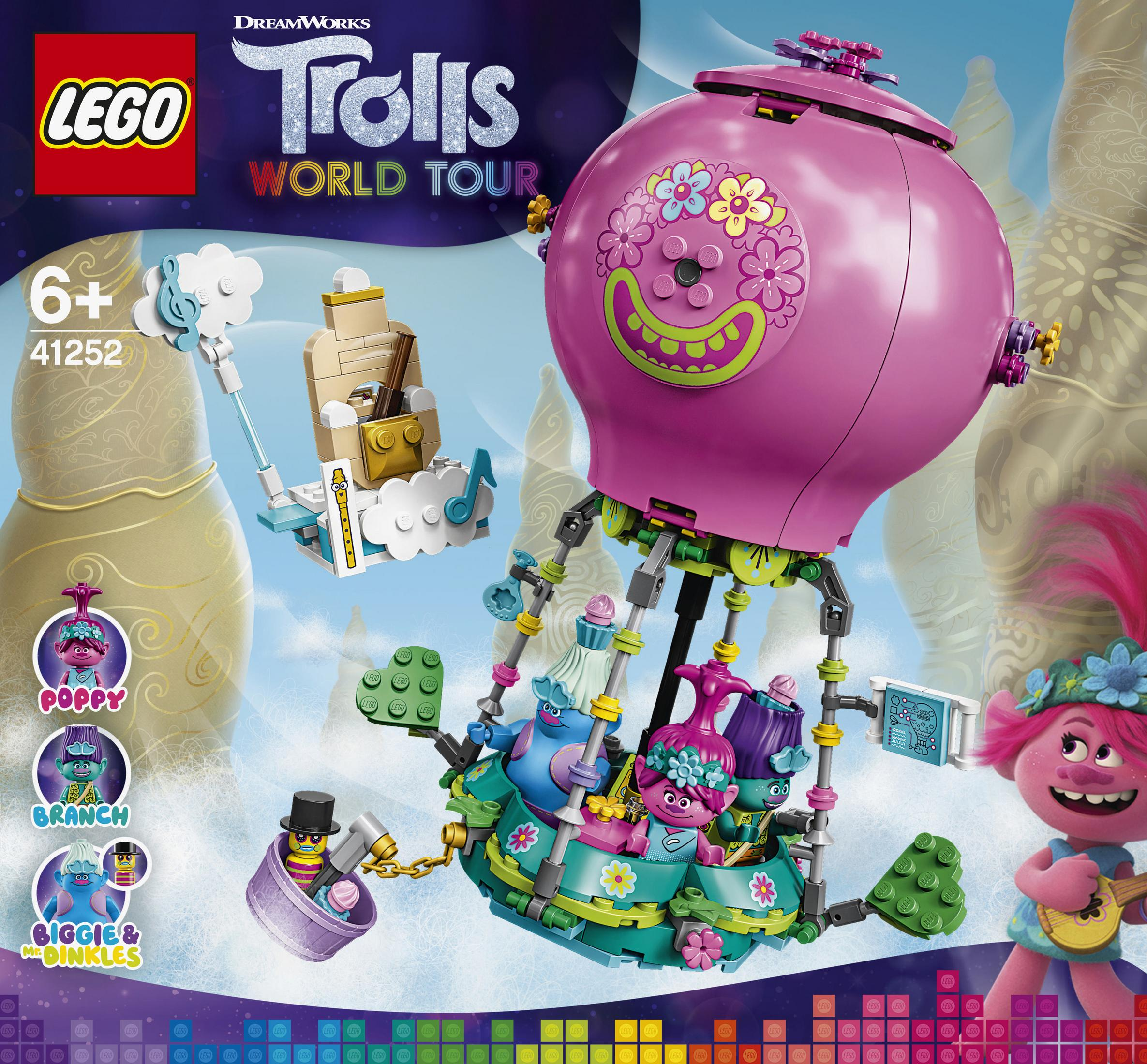 Ein Lego Trolls World Tour Set zeigt einen Heißluftballon mit Figuren und einer Bühne.