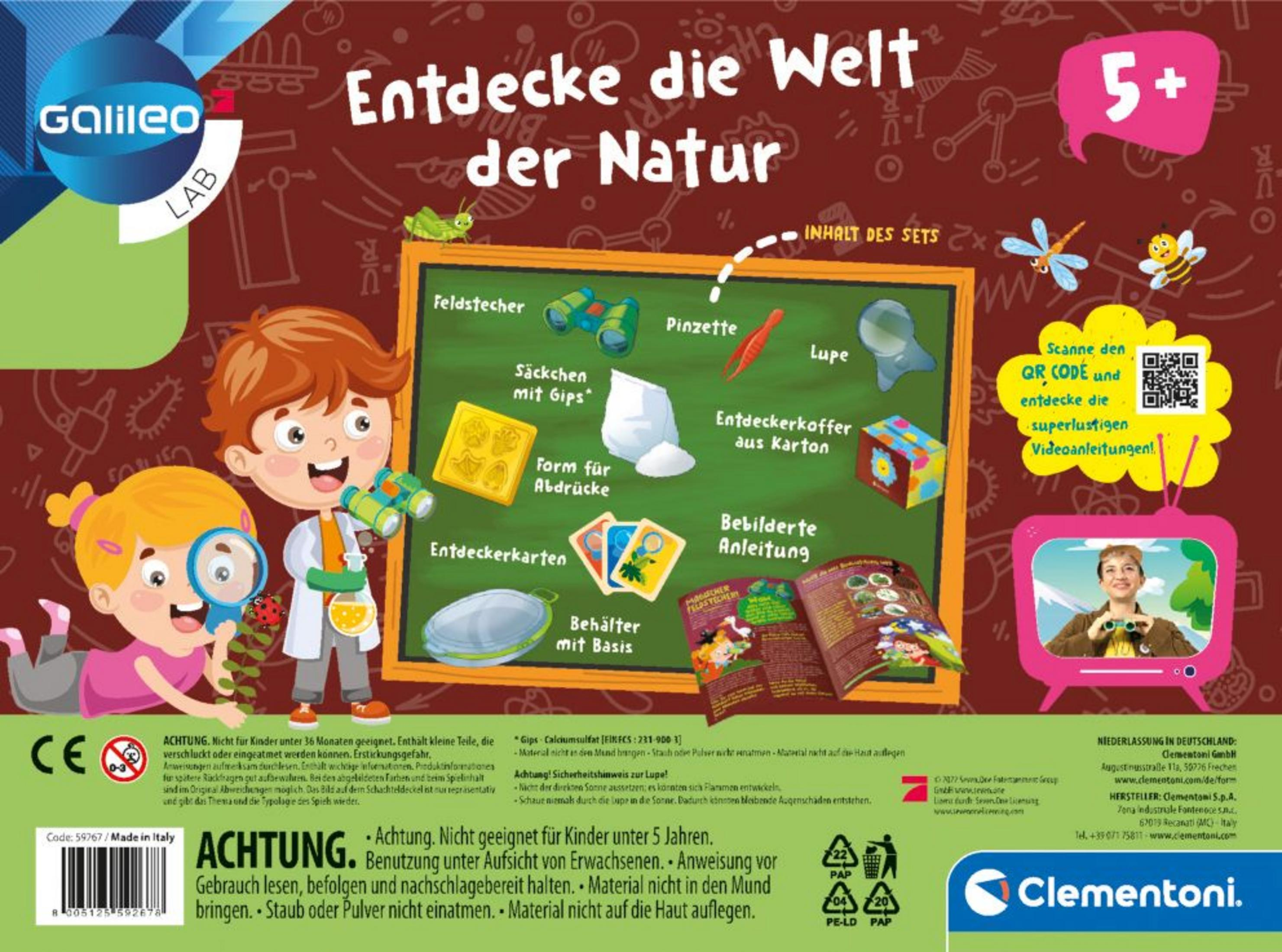 Lernspielzeugkasten mit Werkzeugen, Fernglas und Anweisungen.