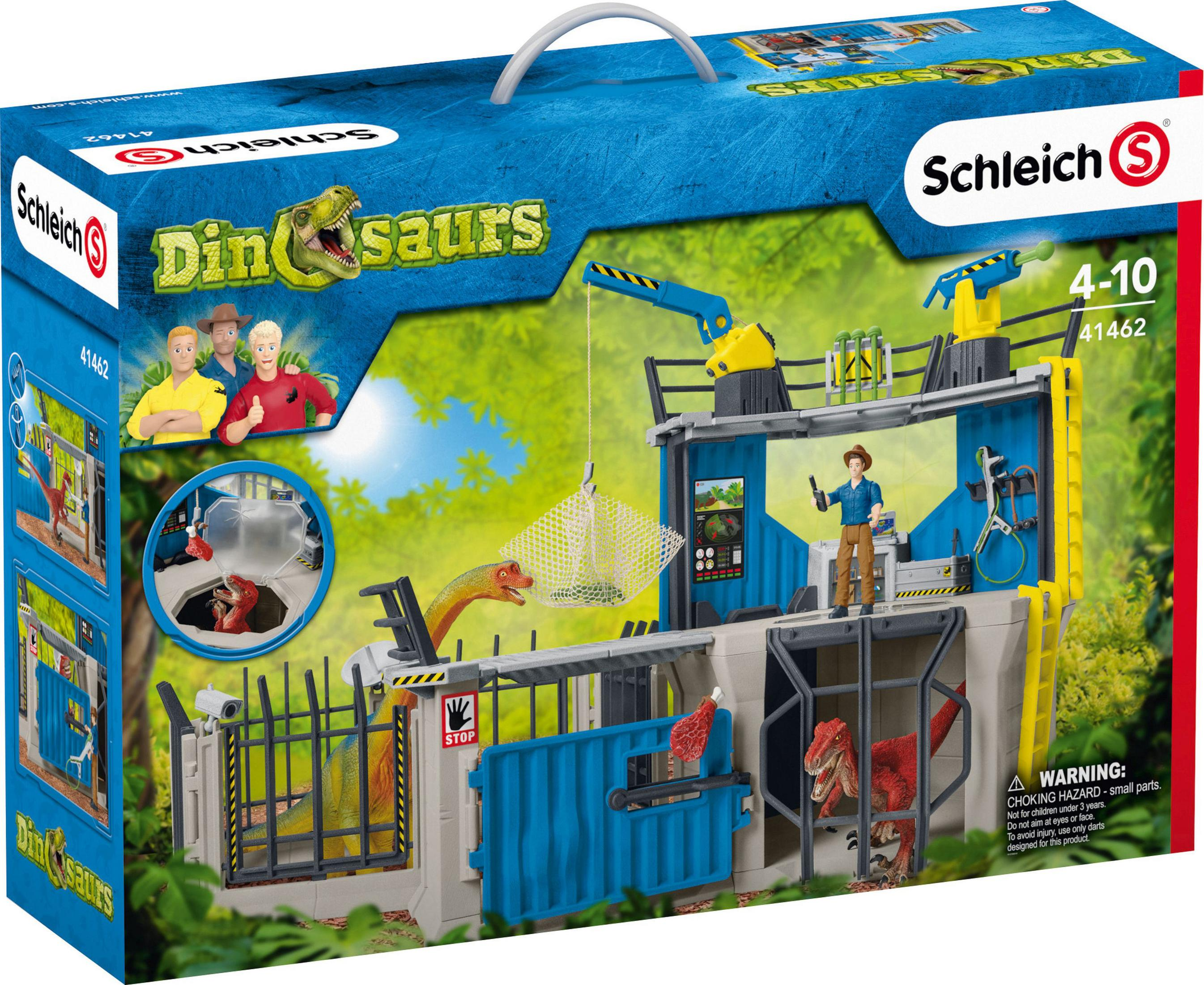 Ensemble de jouets dinosaures avec figurines, cage et grue. La boîte montre des figurines et des dinosaures. L'ensemble est sur fond blanc.