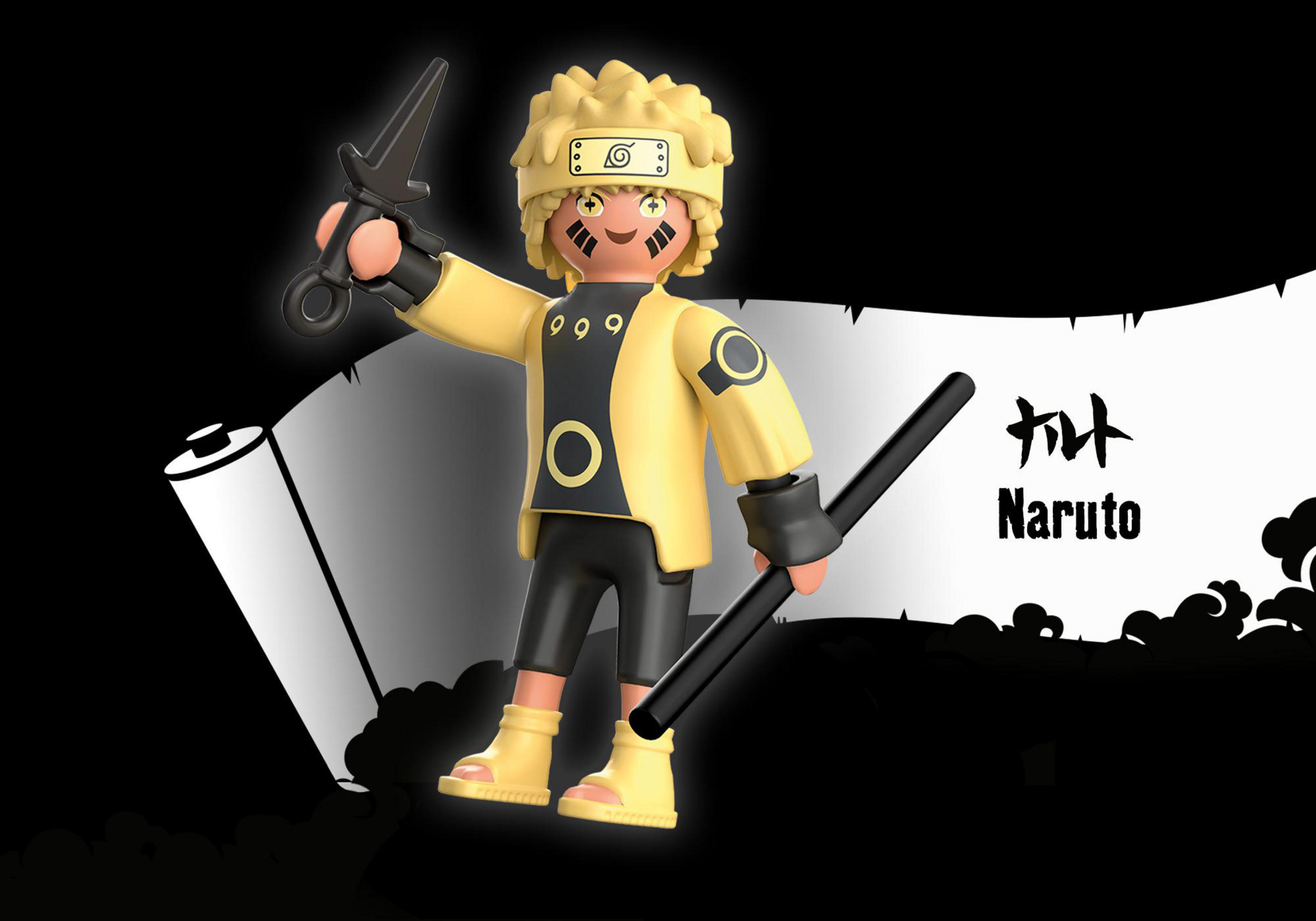 Eine Playmobil-Figur von Naruto mit Zubehör auf einer Schriftrolle, schwarzer Hintergrund.