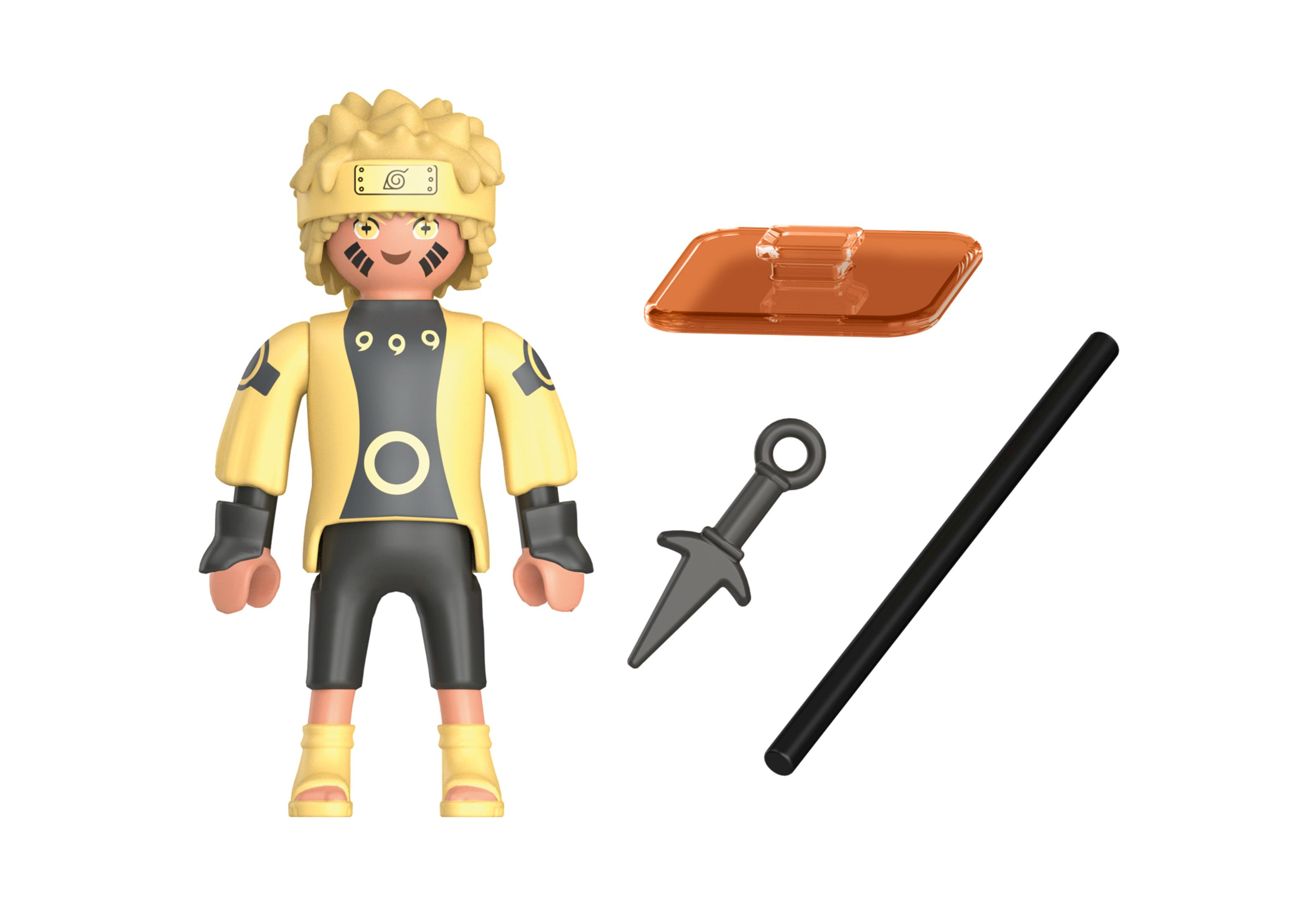 Playmobil-Figur von Naruto mit Zubehör, darunter ein Kunai und eine Schriftrolle.