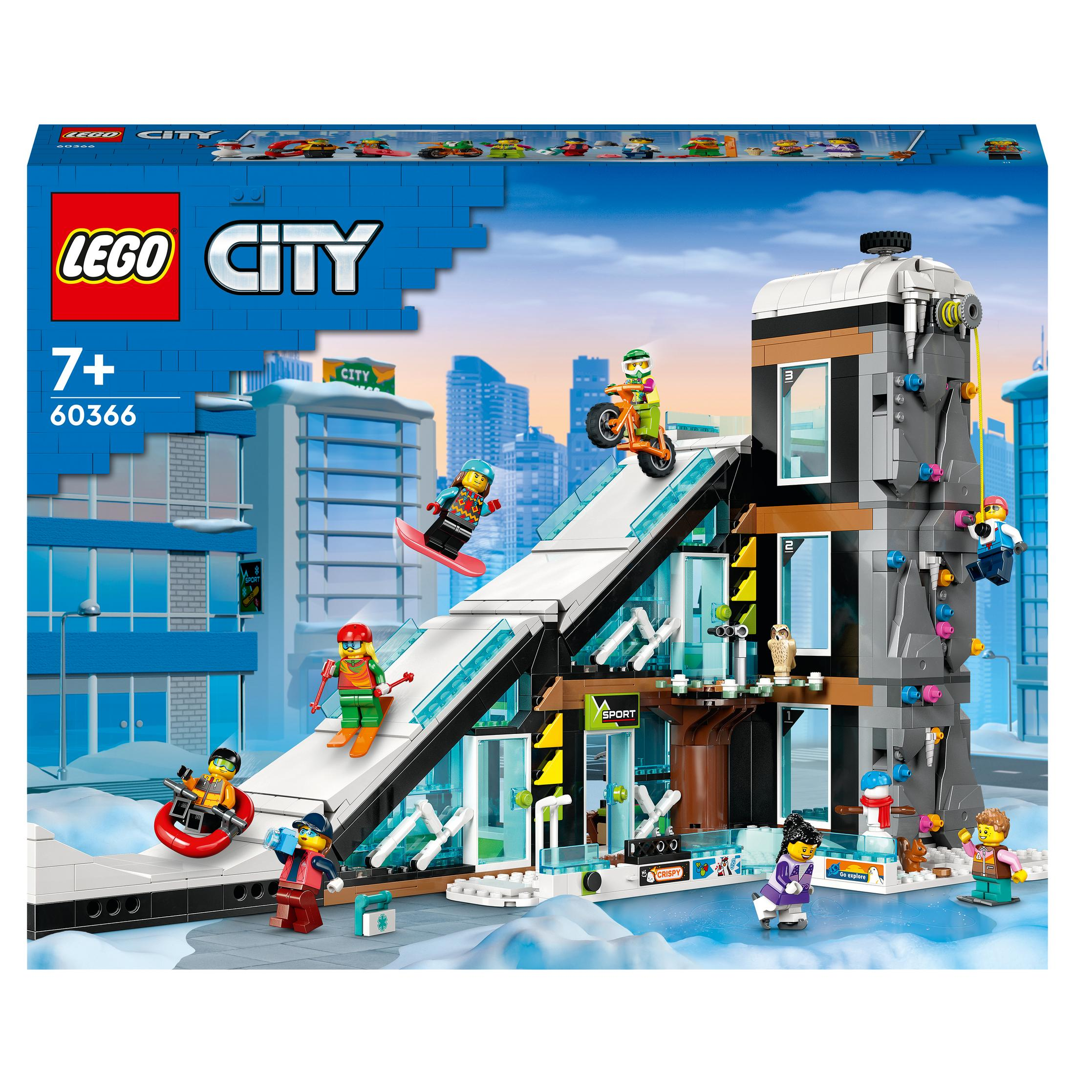Set LEGO City resort sciistico con personaggi che sciano, fanno snowboard e su una motoslitta.