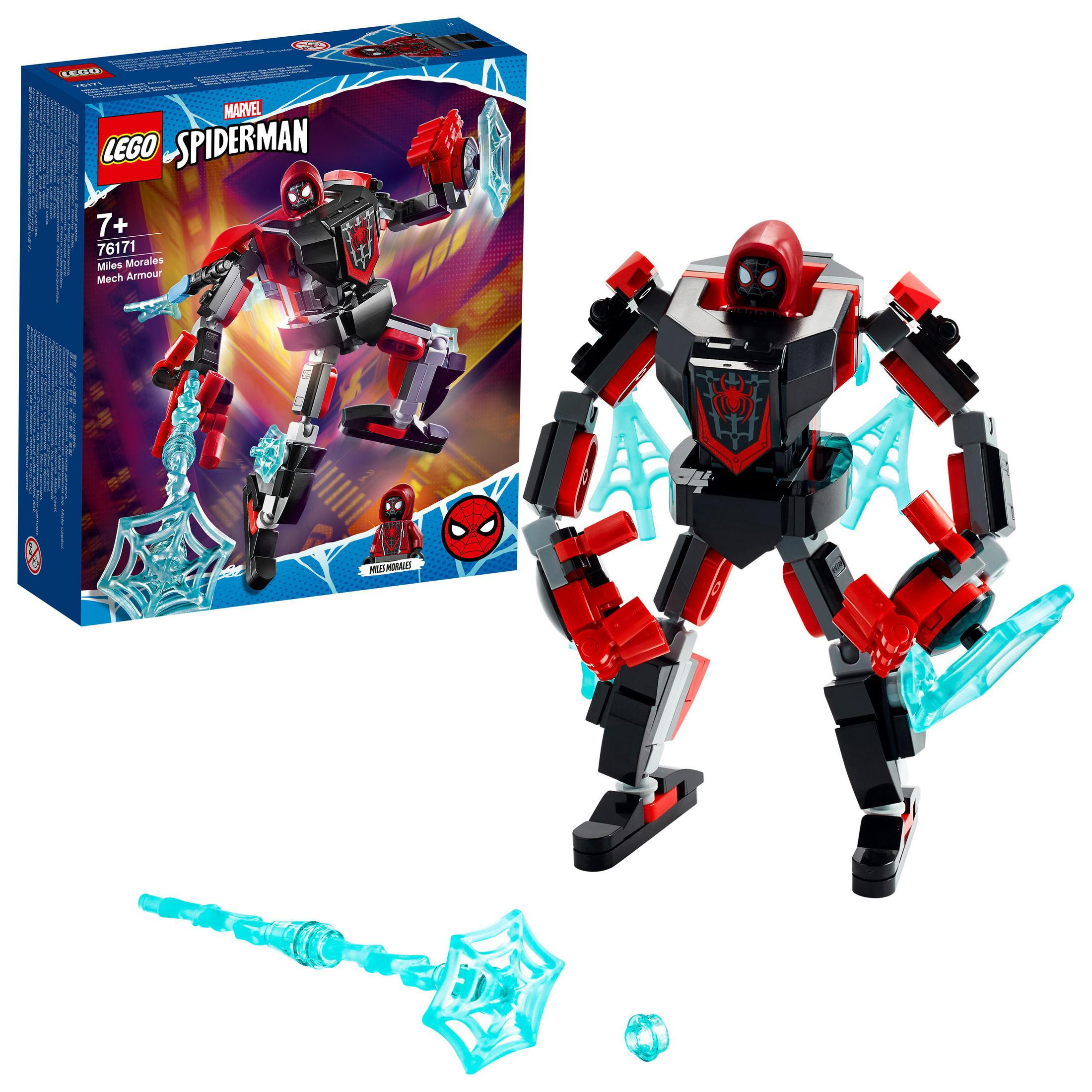 Lego Spiderman Mech-Rüstungsset, Box-Art links, Mech in der Mitte mit Zubehör.