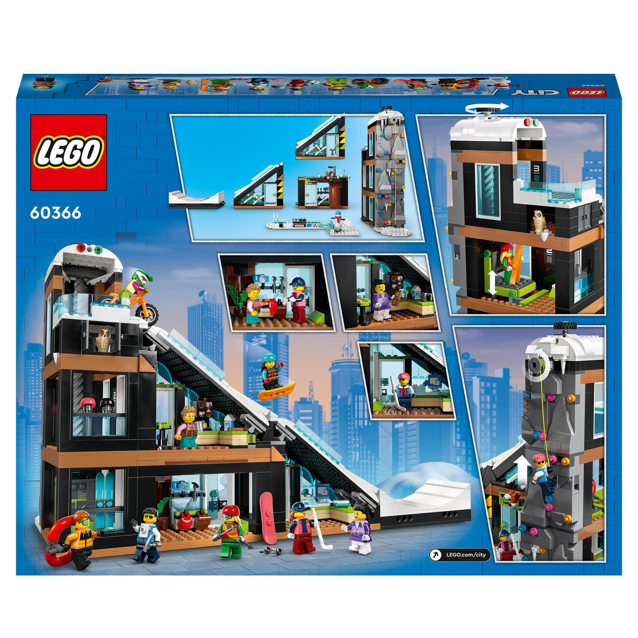 Set Lego City che mostra un alto edificio moderno. Contiene minifigure e scene di gioco.