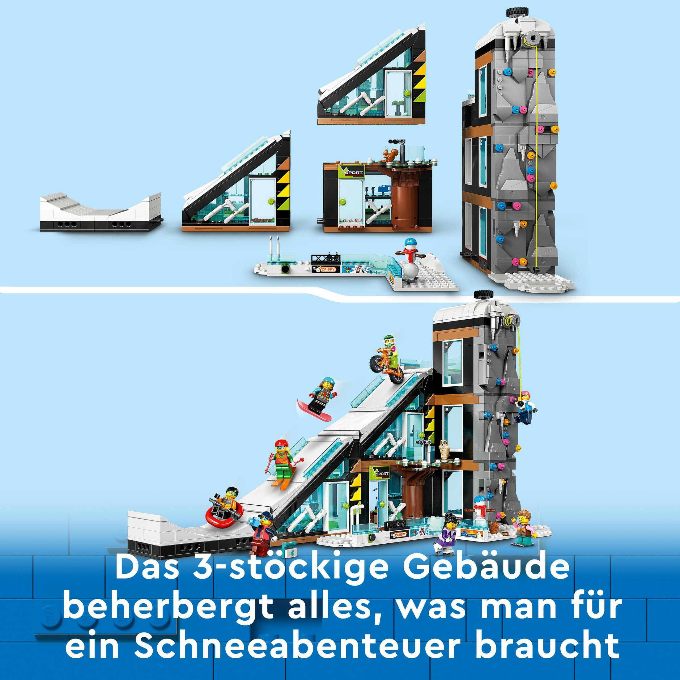 Un set Lego che raffigura una stazione sciistica con diversi edifici e personaggi.