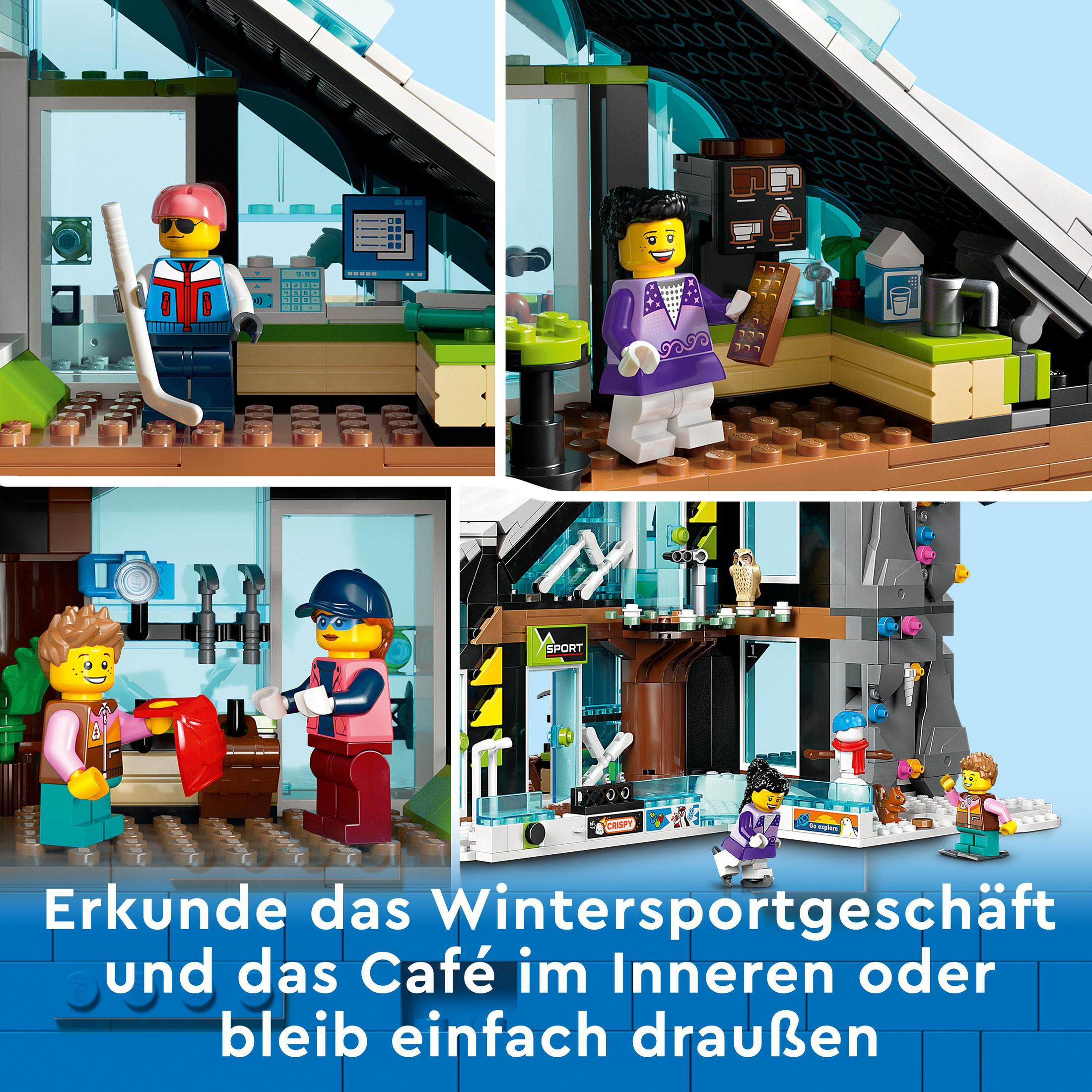 Set Lego con quattro personaggi. Nel set sono presenti un negozio di sport invernali e un caffè. Testo in tedesco.