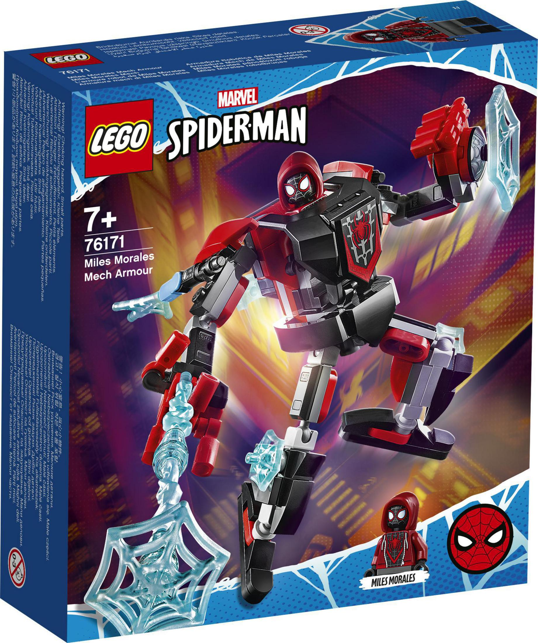Eine LEGO Marvel Spiderman Miles Morales Mech Armour Set-Box. Die Box zeigt einen roten und schwarzen Mech.