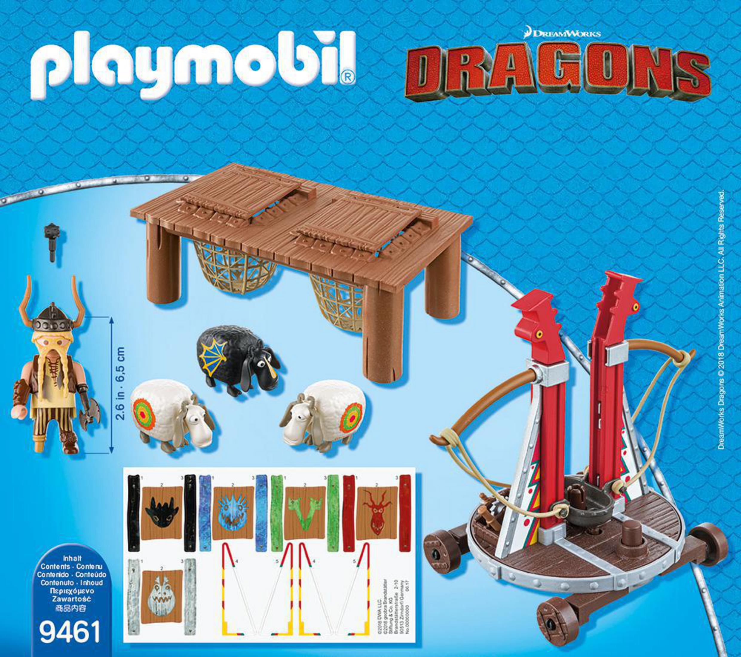 Playmobil Dragons Set. Enthält Wikingerfigur, Schafe, Katapult und Holzkonstruktion.