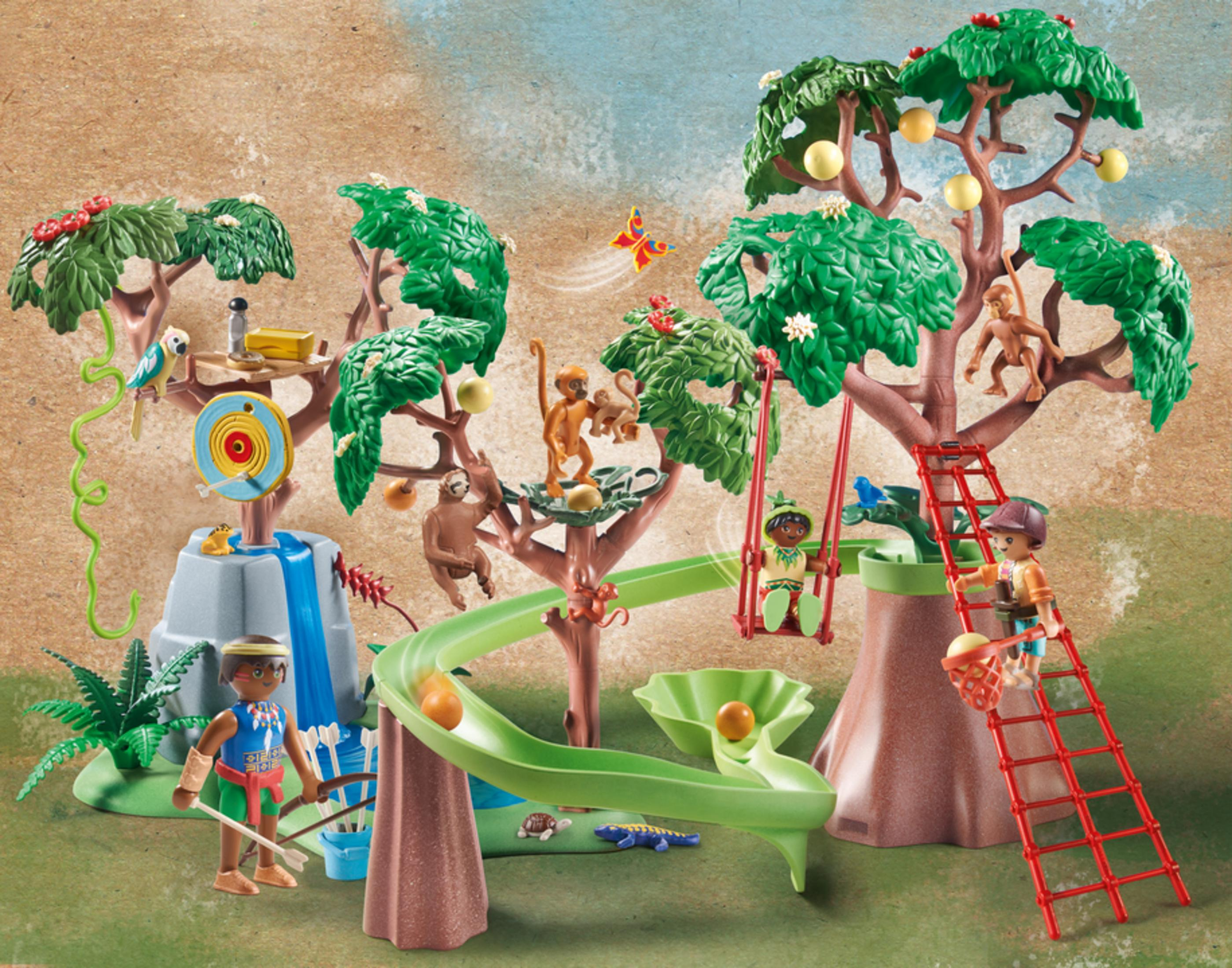 Playmobil-Dschungel-Spielset mit Bäumen, Tieren und Figuren, das eine lebendige Szene darstellt.