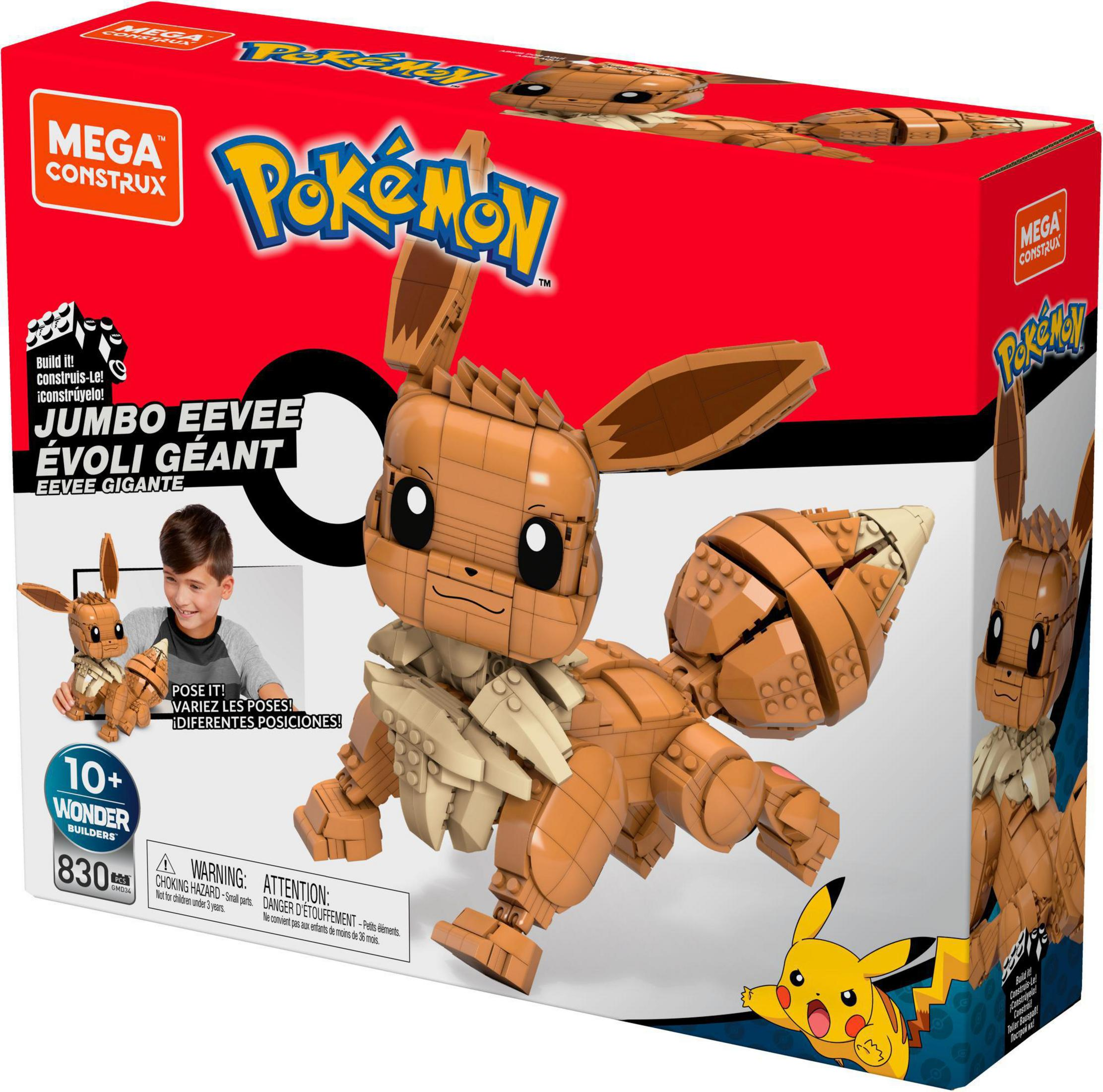 Mega Construx Pokemon Jumbo Evoli Konstruktionsset-Box mit einer gebauten Evoli-Figur.