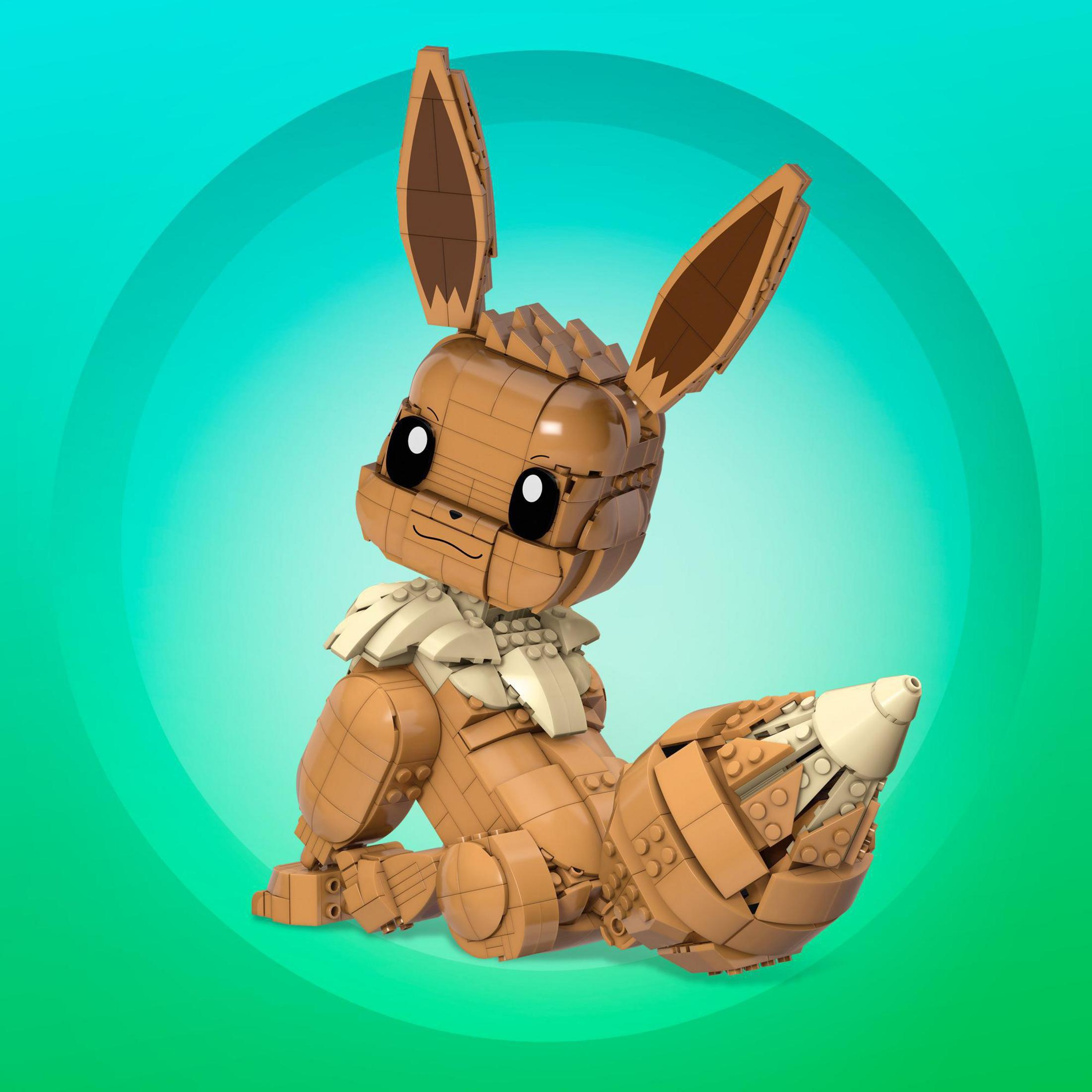 Eine LEGO Evoli Figur auf türkis-grünem Hintergrund.
