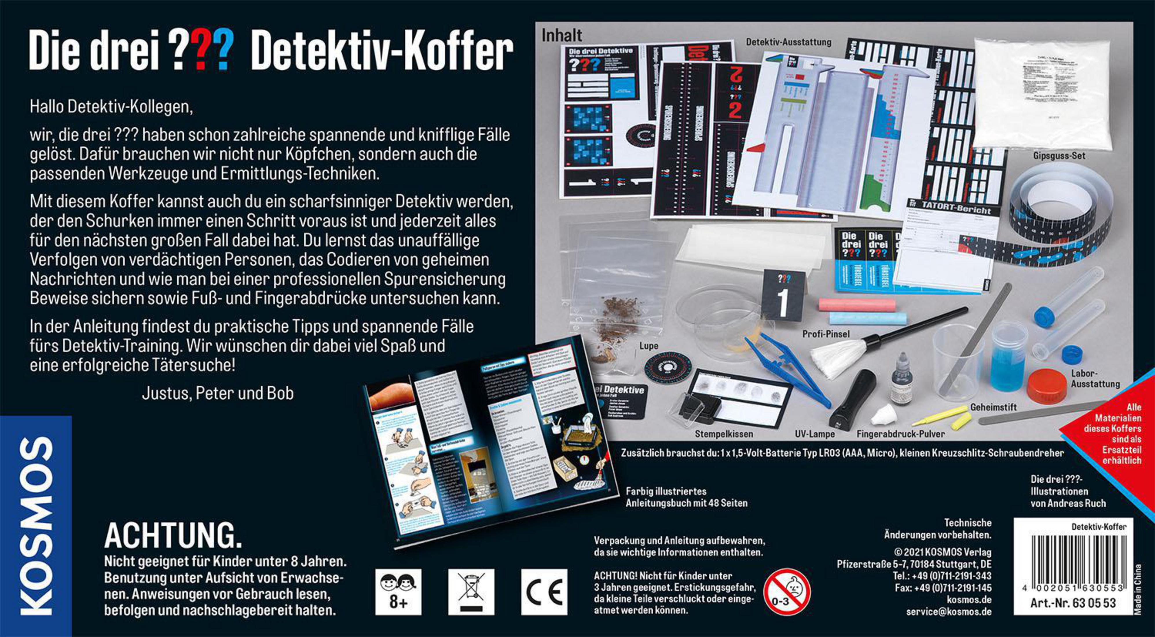 Box von 'Die drei ???' Detektiv-Koffer. Ein Detektiv-Set mit Werkzeugen und Anweisungen für junge Detektive.