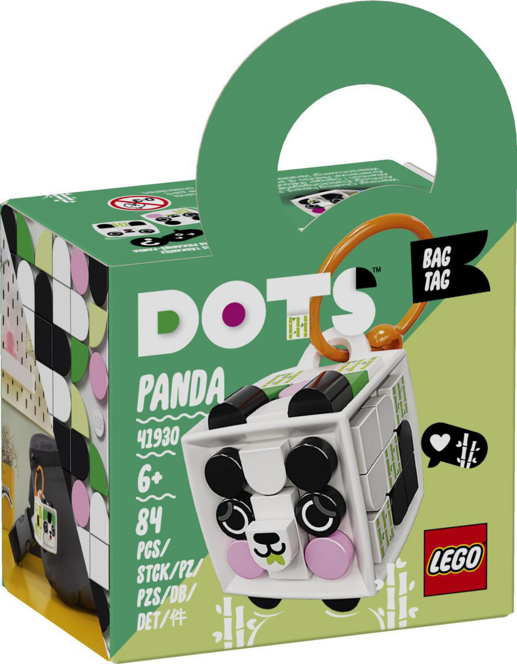 Ein Lego Dots Panda Bag Tag Set. Die Box ist grün und weiß und zeigt das Panda-Design und das Lego-Logo.