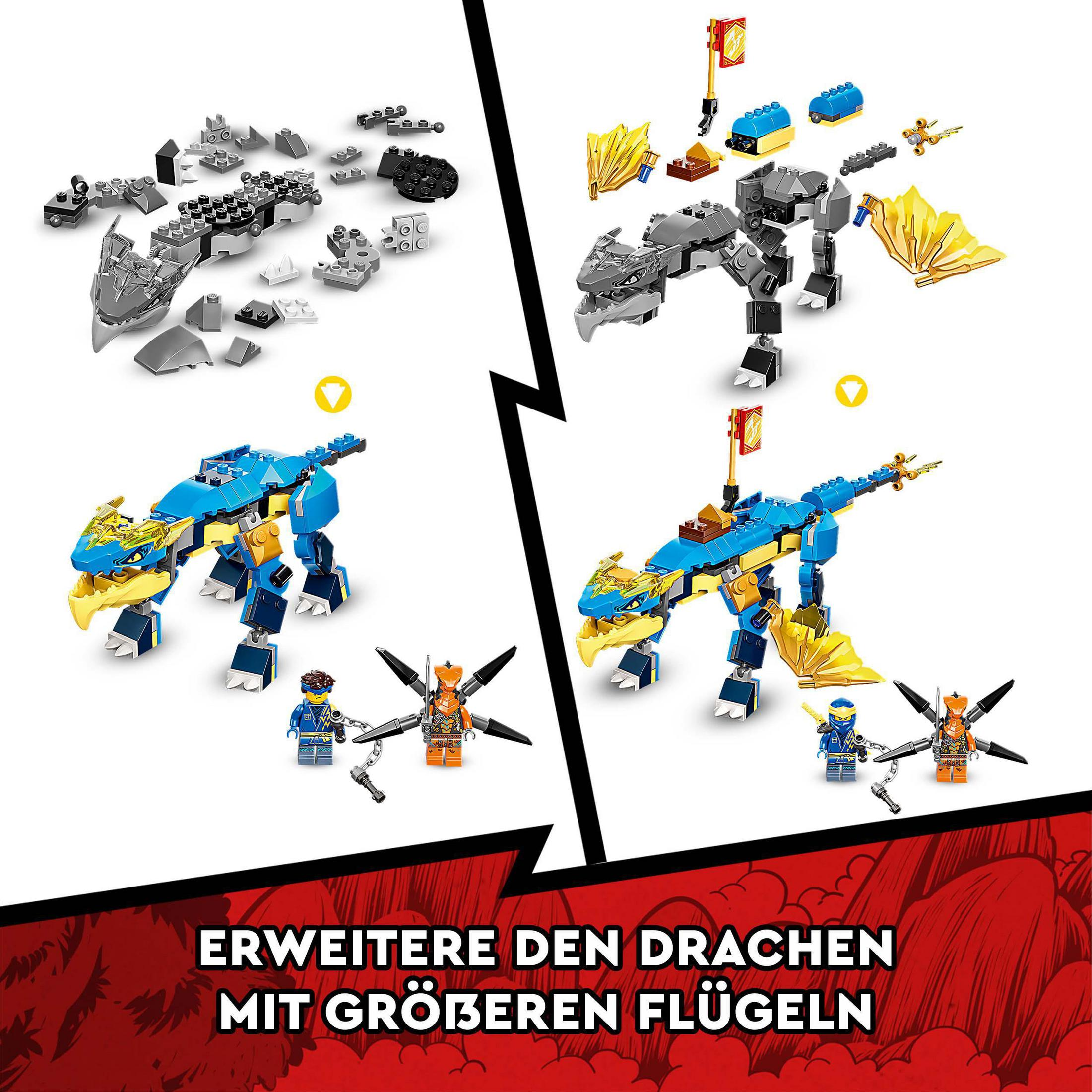 Ein LEGO-Set mit zwei Drachenbauten mit Minifiguren. Das Bild zeigt die Teile und die zusammengebauten Drachen.