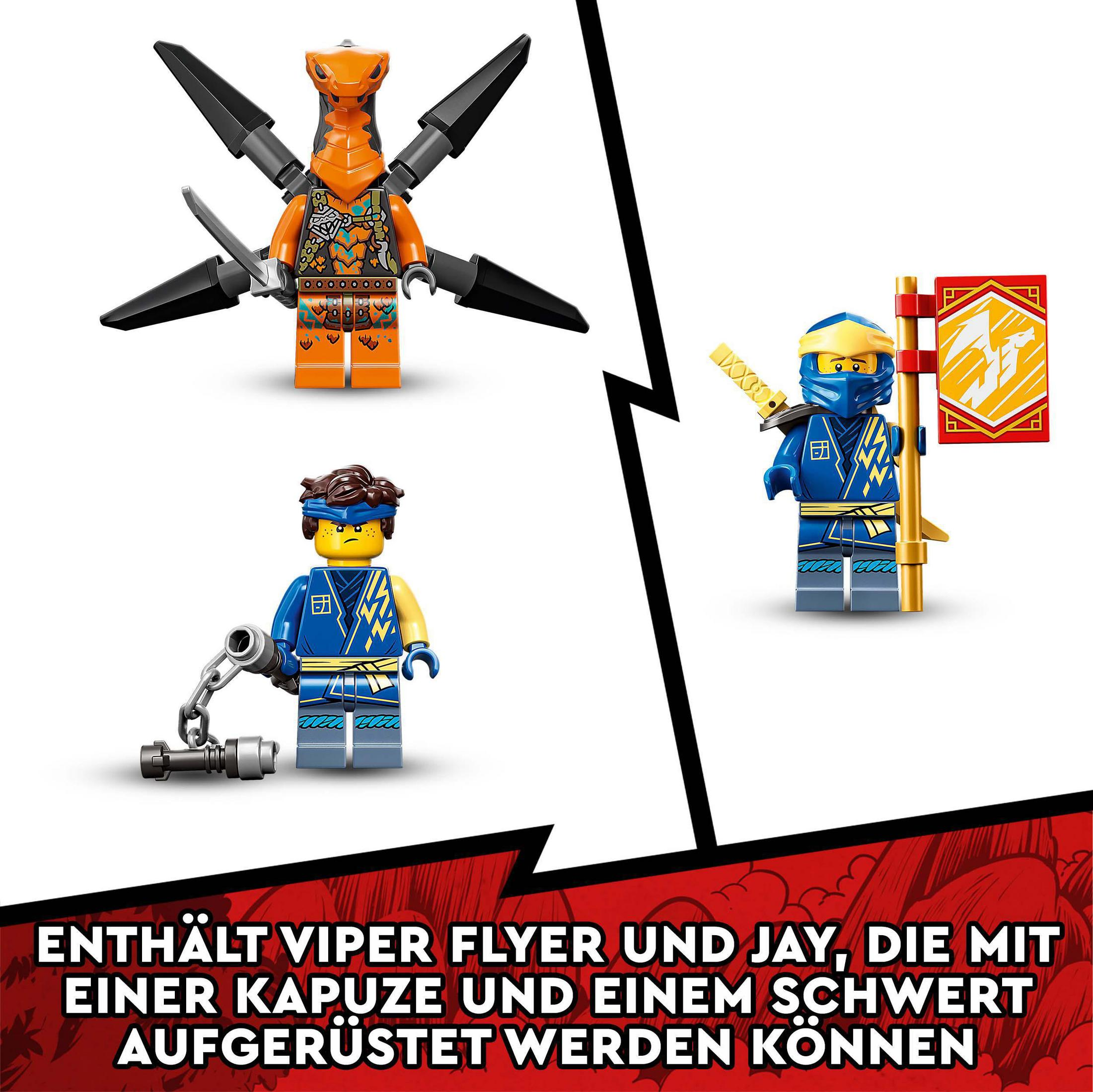 Drei Lego-Ninjas, einer orange mit Flügeln, einer blau mit Schwert und einer blau mit Ketten.