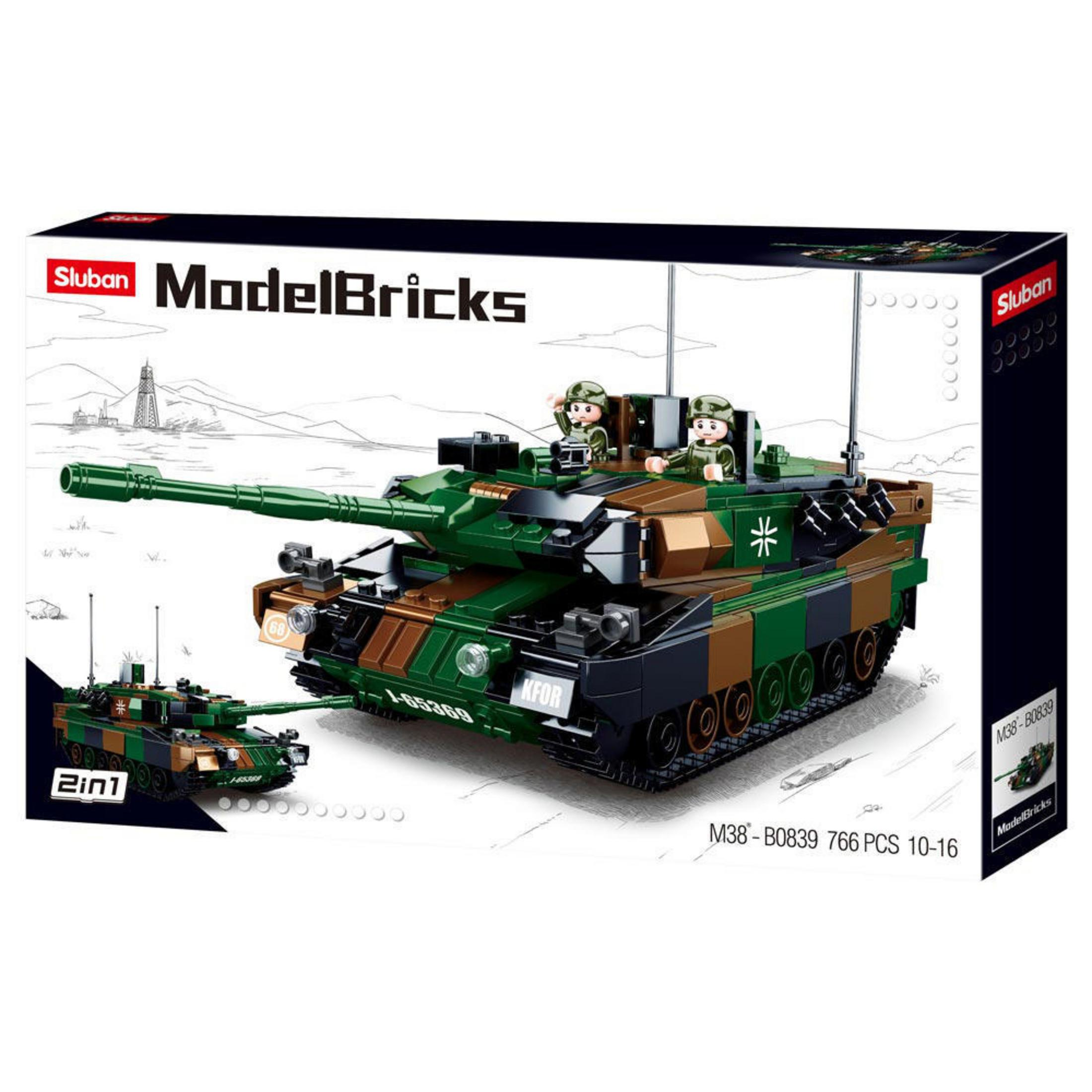 Modelbricks Panzer Spielzeugset mit grün-brauner Tarnung, zwei Figuren und einer Kanone.