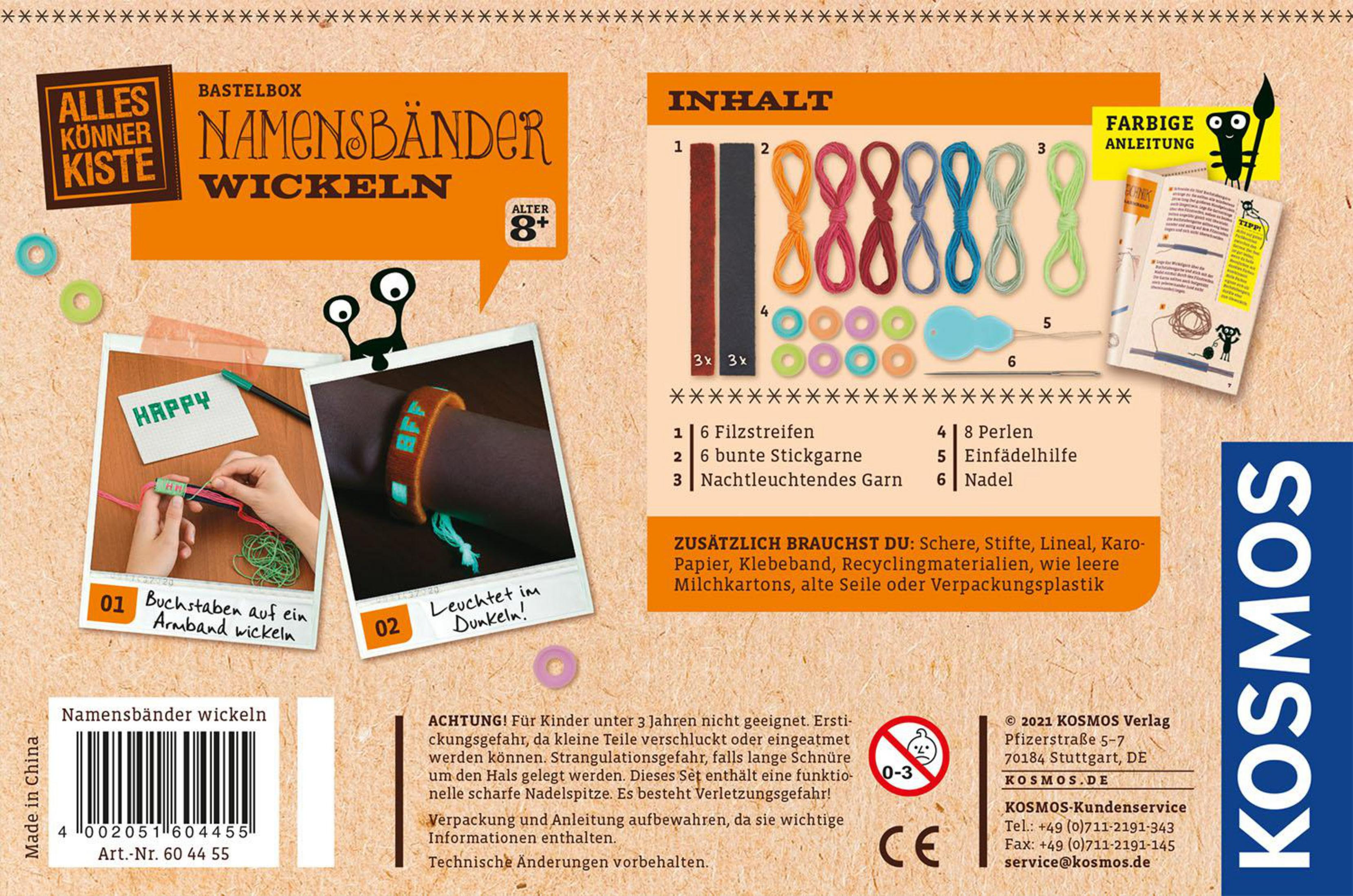 Una scatola per lavori manuali con istruzioni, fili colorati, perline e un braccialetto.