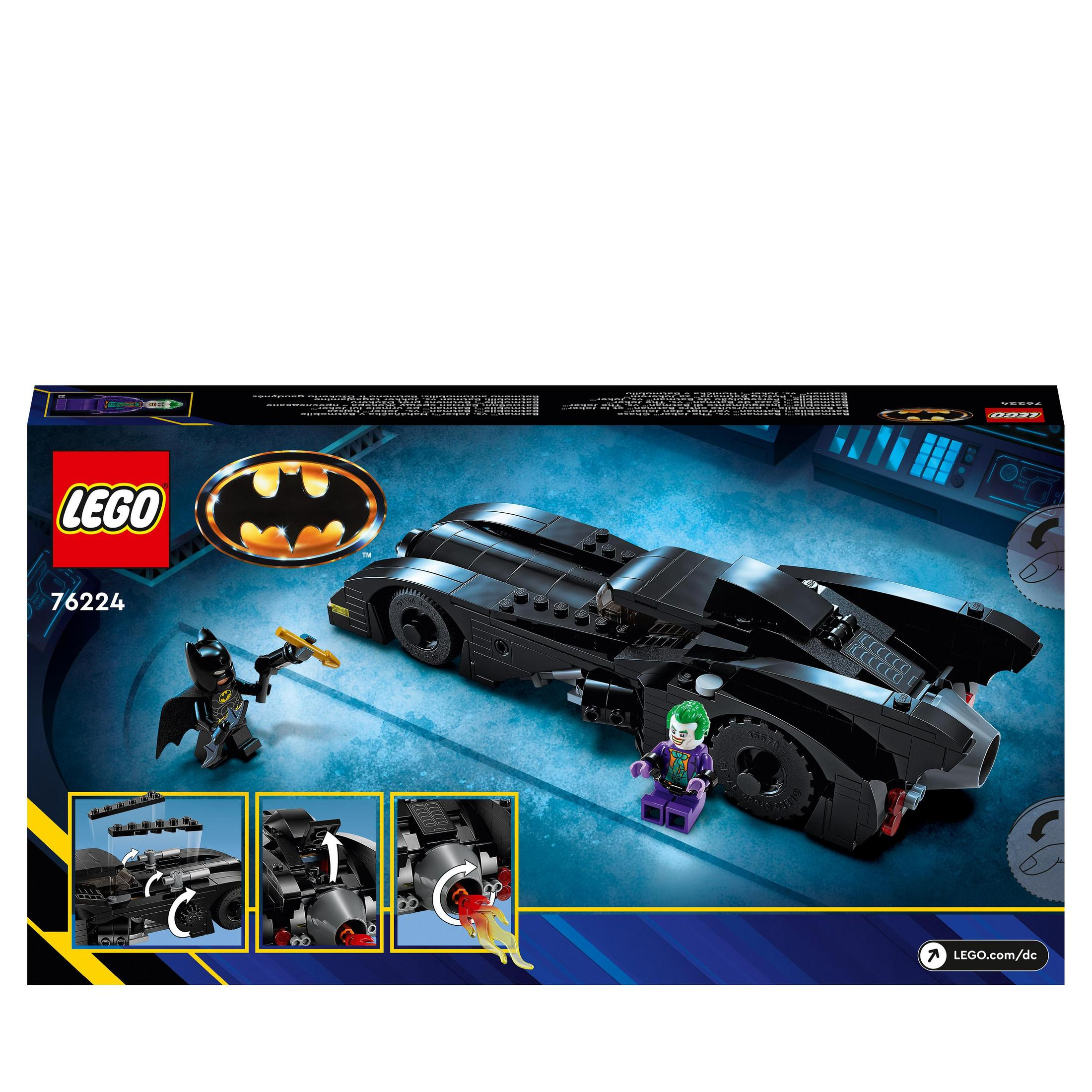 Die Rückseite einer Lego-Box zeigt ein Batmobil und zwei Figuren. Die Figuren sind Batman und der Joker.