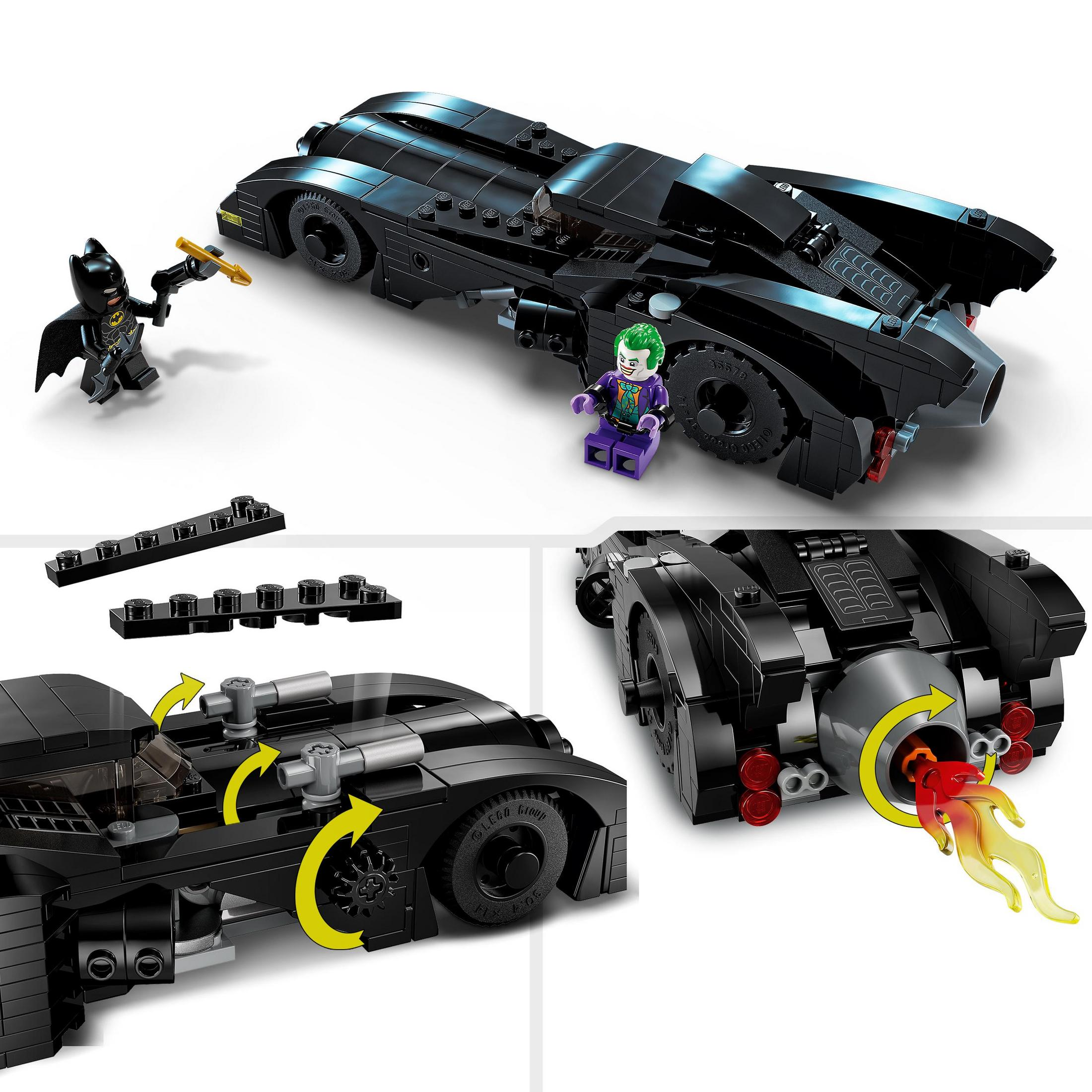 LEGO-Set mit Batmobil, Batman und Joker. Das Batmobil ist schwarz.