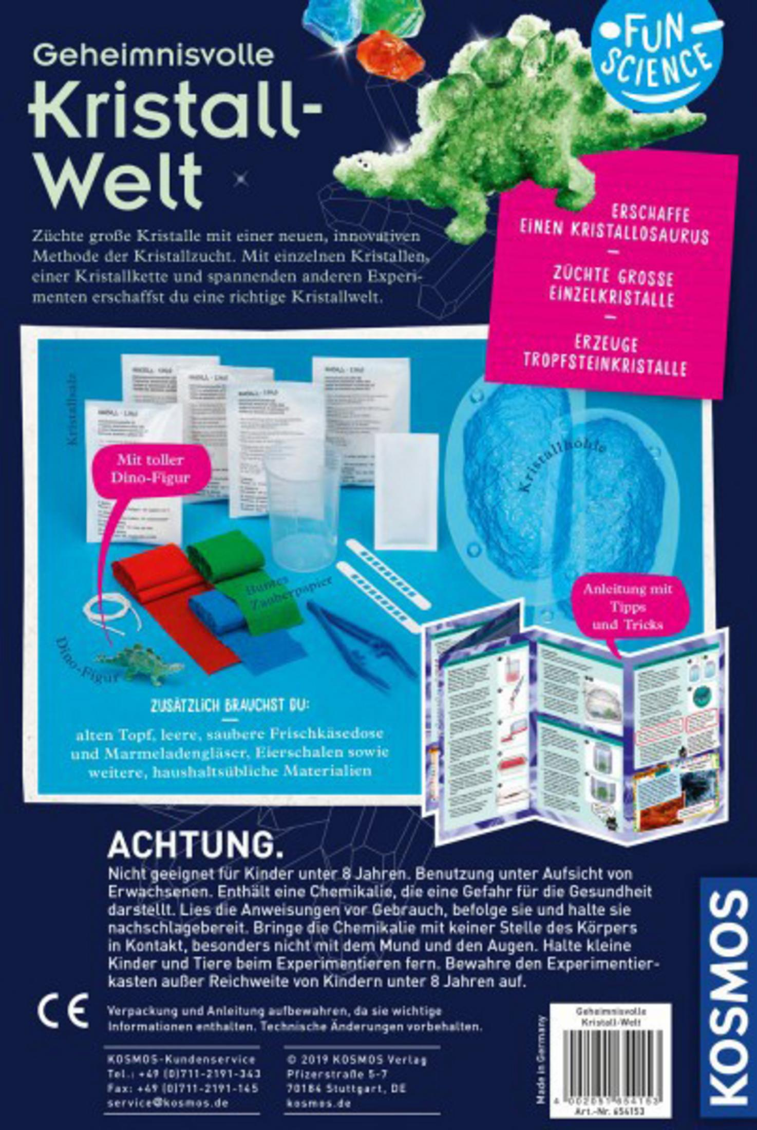 Rückseite einer Wissenschaftskasten-Box mit Kristallen und einer Dinosaurierfigur.