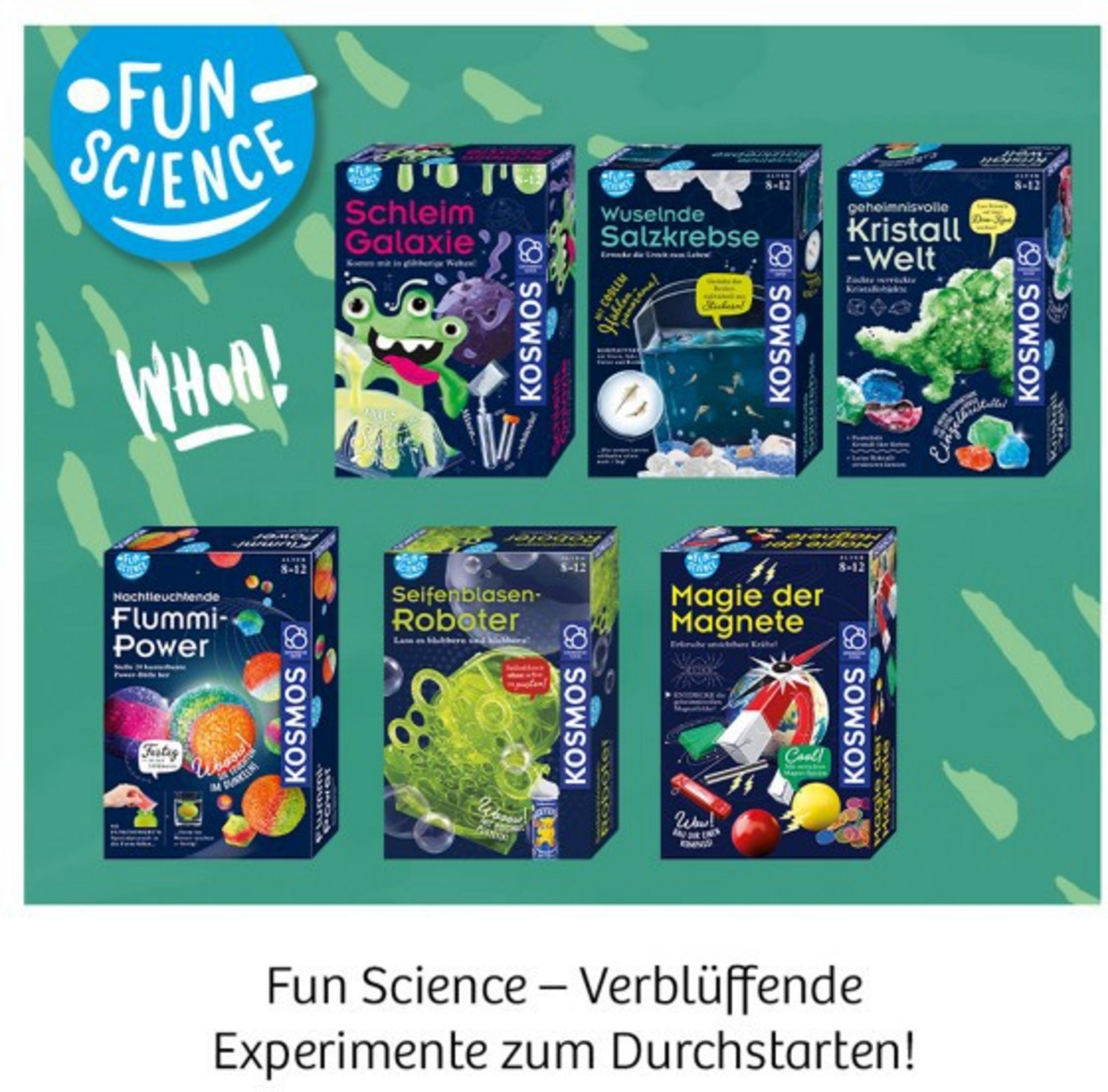 Bunte Schachteln mit Fun Science Experimentierkästen, links oben Logo.