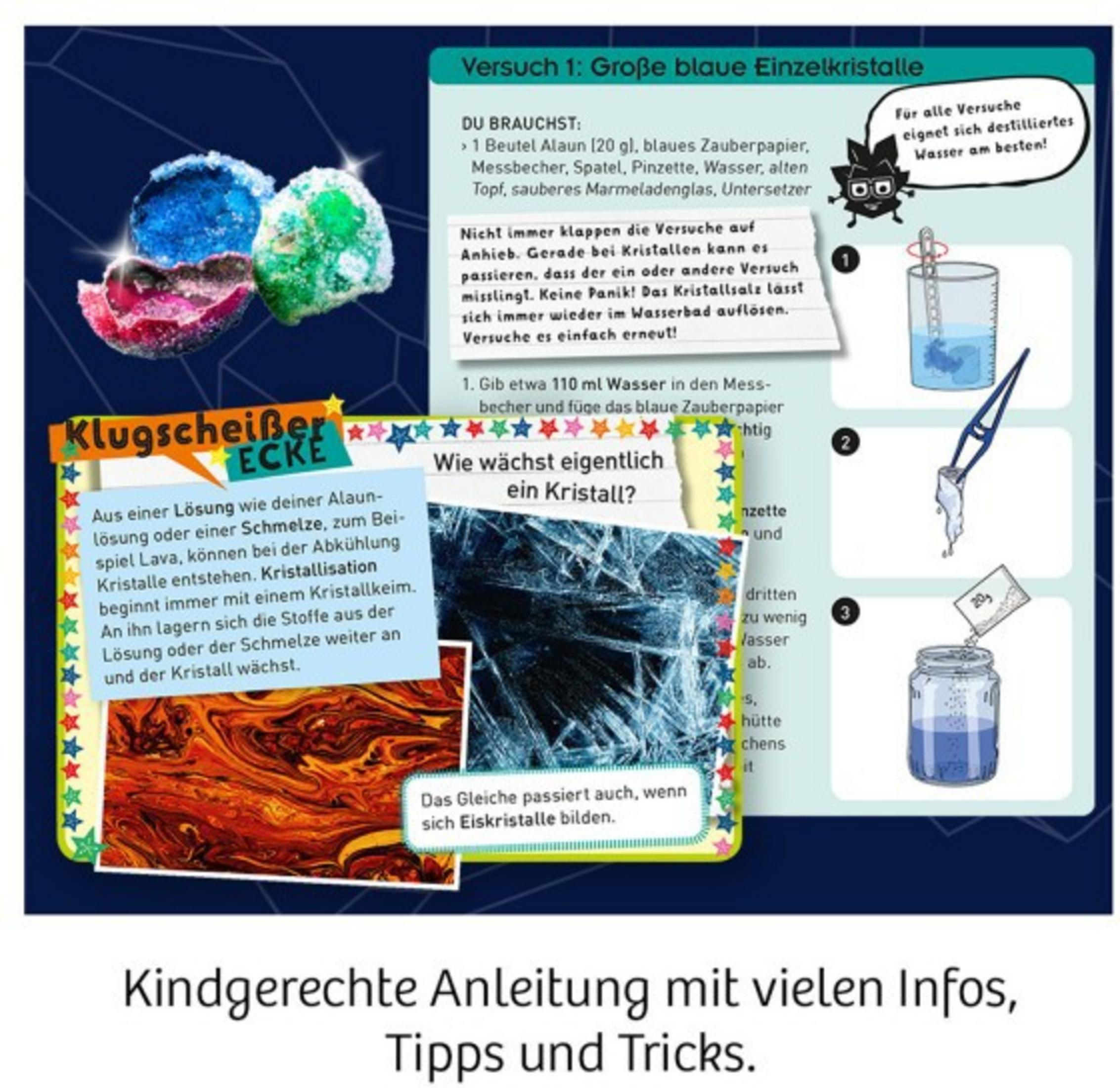 Lehrreiches Poster über das Züchten von Kristallen mit Anweisungen und Kristallbeispielen.