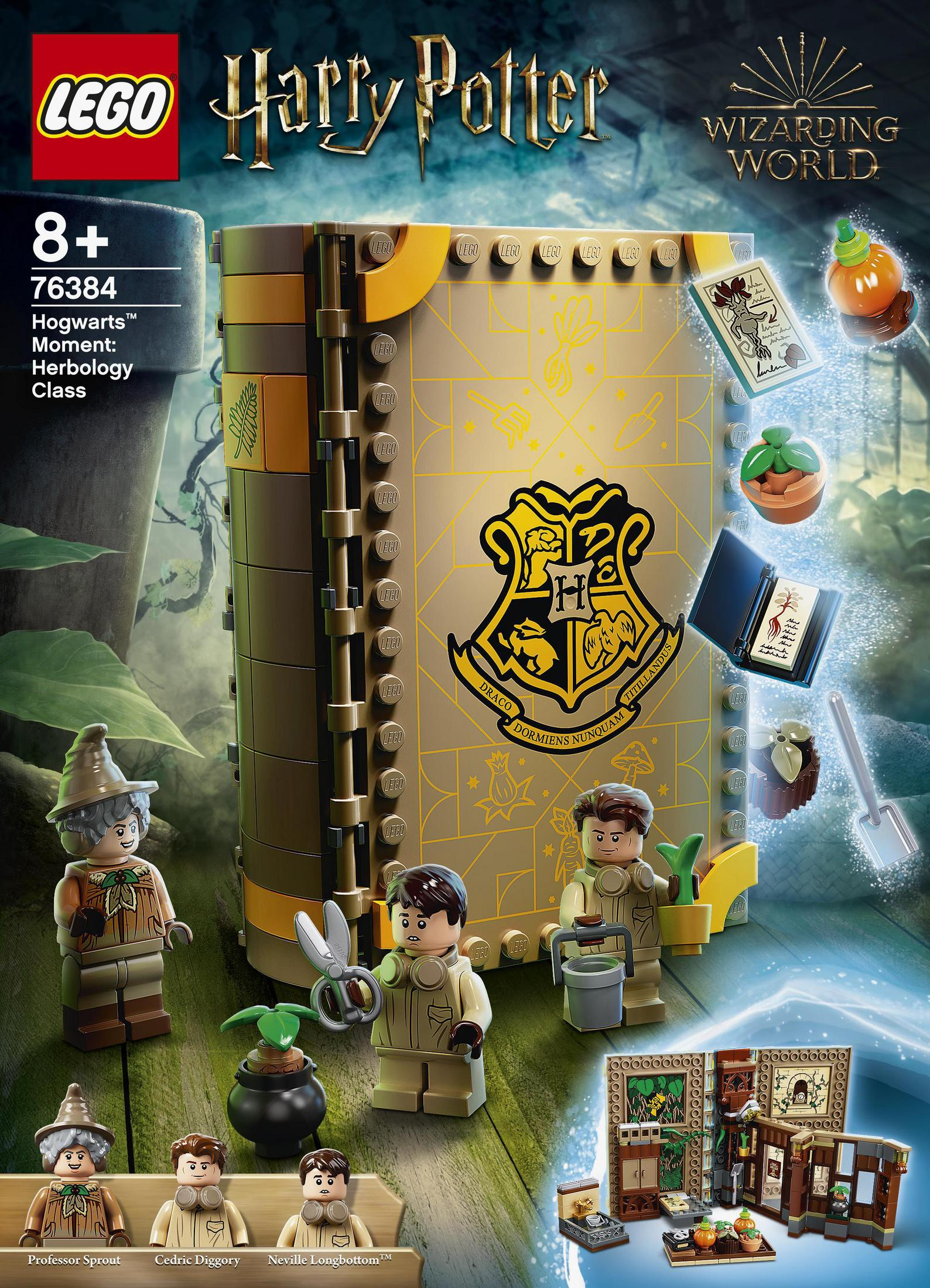 Lego Harry Potter Set in Buchform. Enthält mehrere Lego-Figuren und Zubehör. Das Hogwarts-Wappen ist sichtbar.