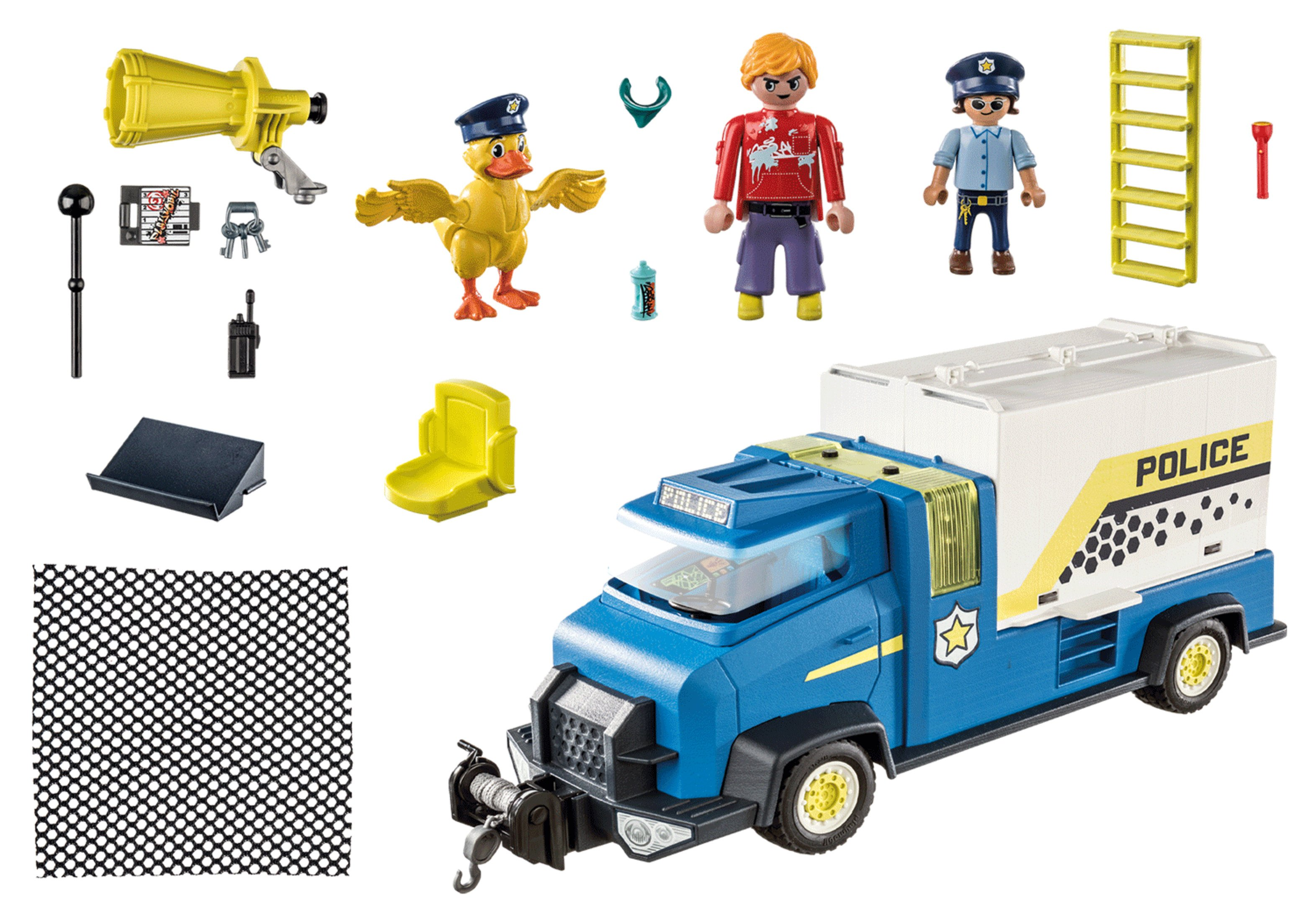 Playmobil-Polizeiset mit Figuren, einem Truck und verschiedenen Zubehörteilen.