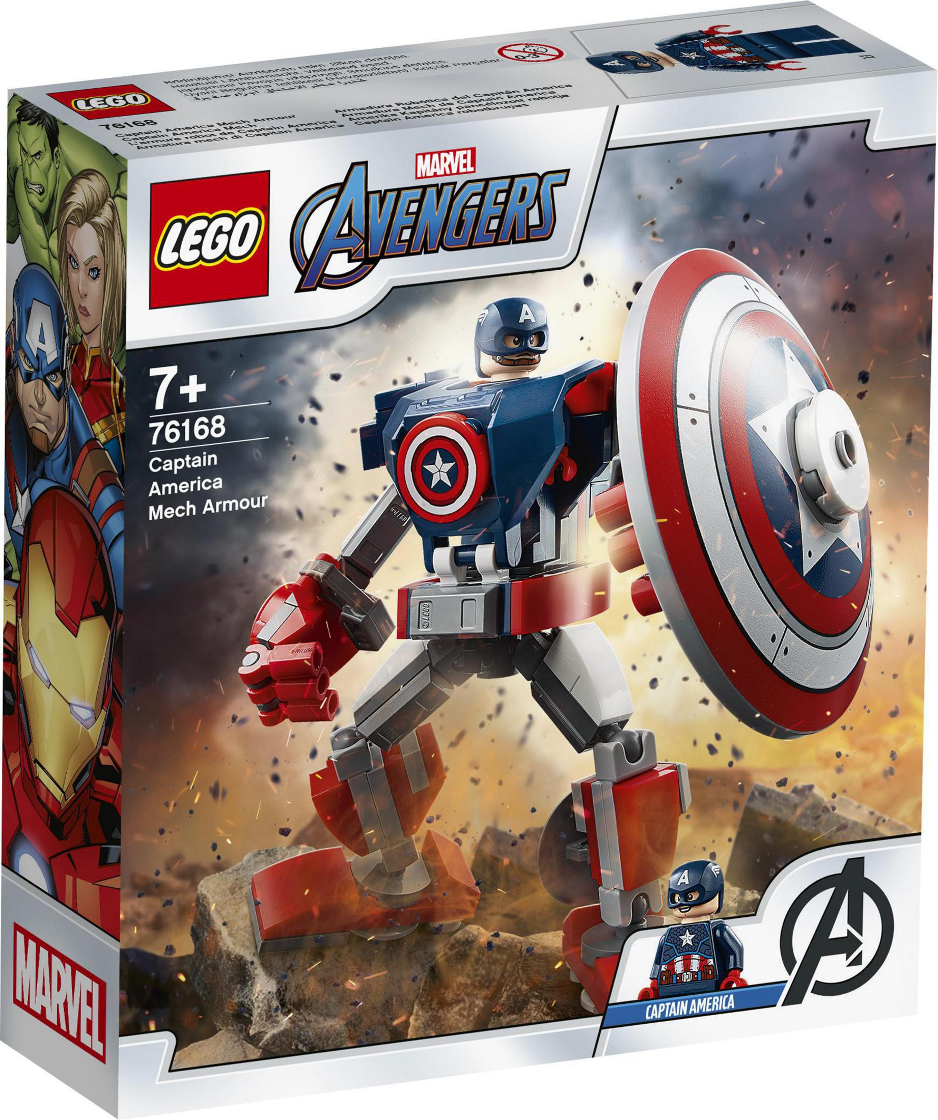 Set LEGO Captain America Mech Armor con personaggio di Captain America e armatura mech.