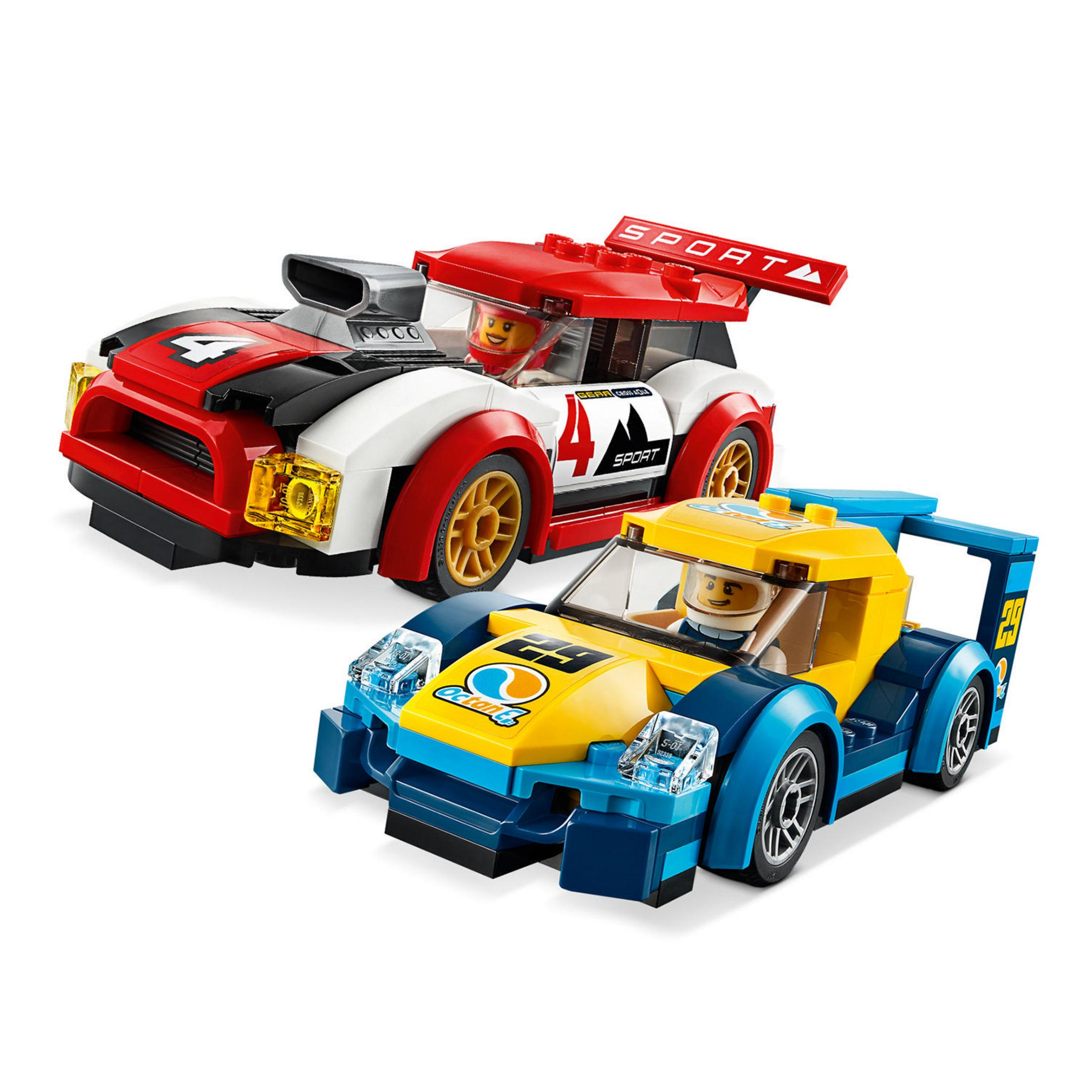 Two race cars: red with white accents and blue with yellow, each with a driver.