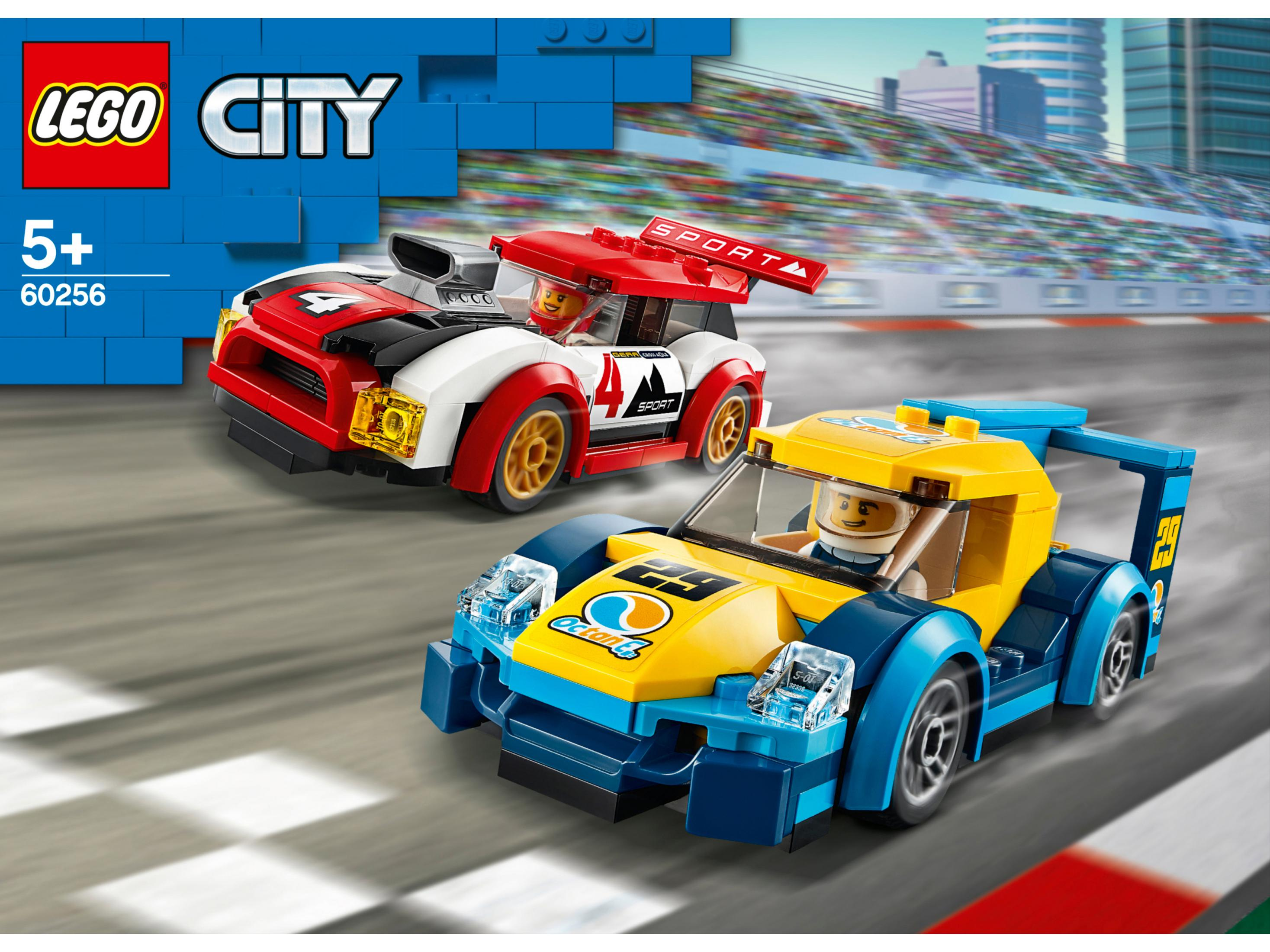 LEGO City race car set with two cars, a red and a blue one, racing on a track.