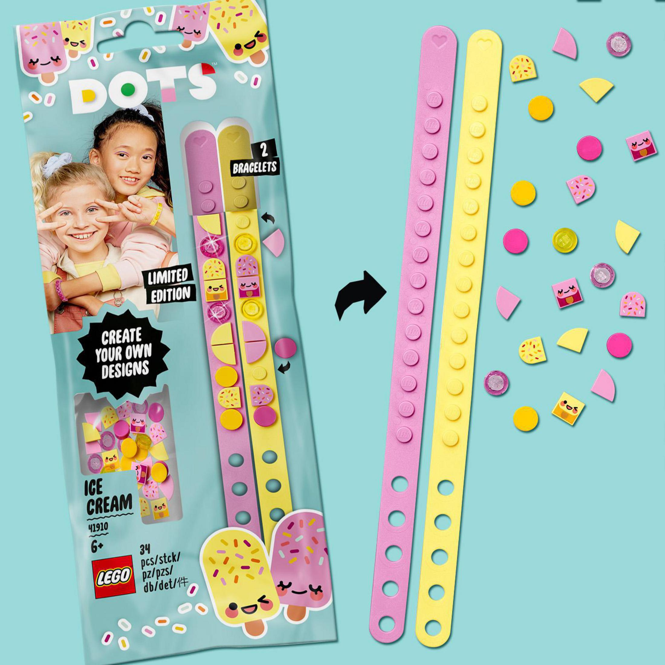 LEGO Dots Set: rosa und gelbe Armbänder mit verschiedenen dekorativen Kacheln und Verpackung.