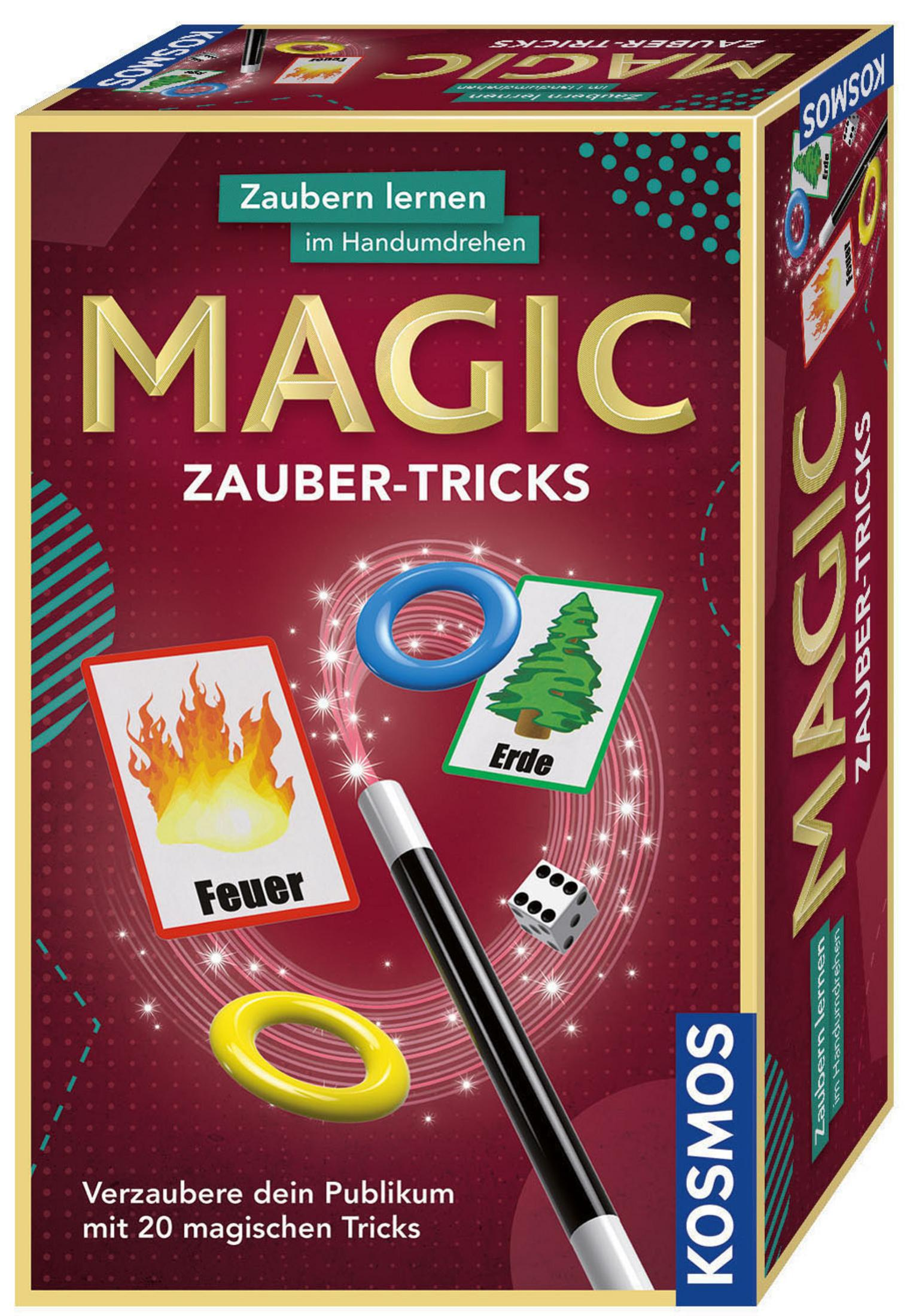 Zaubertricks-Box. Sie zeigt Karten mit Flammen, Ringen, Würfeln und einem Zauberstab auf burgunderrotem Grund.