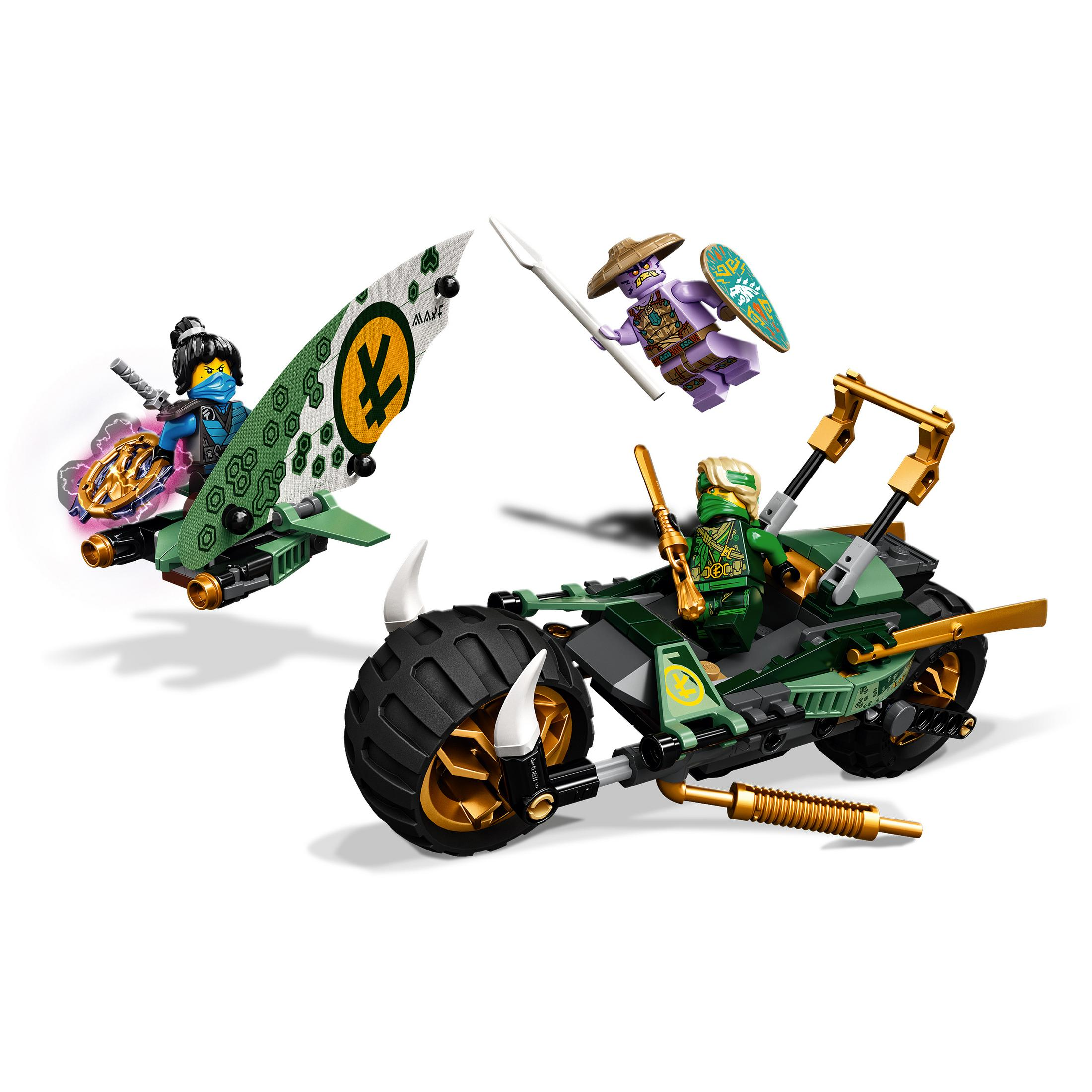 Lego Ninjago Set mit Figuren auf einem Motorrad und einem Fluggerät. Grün und Gold.