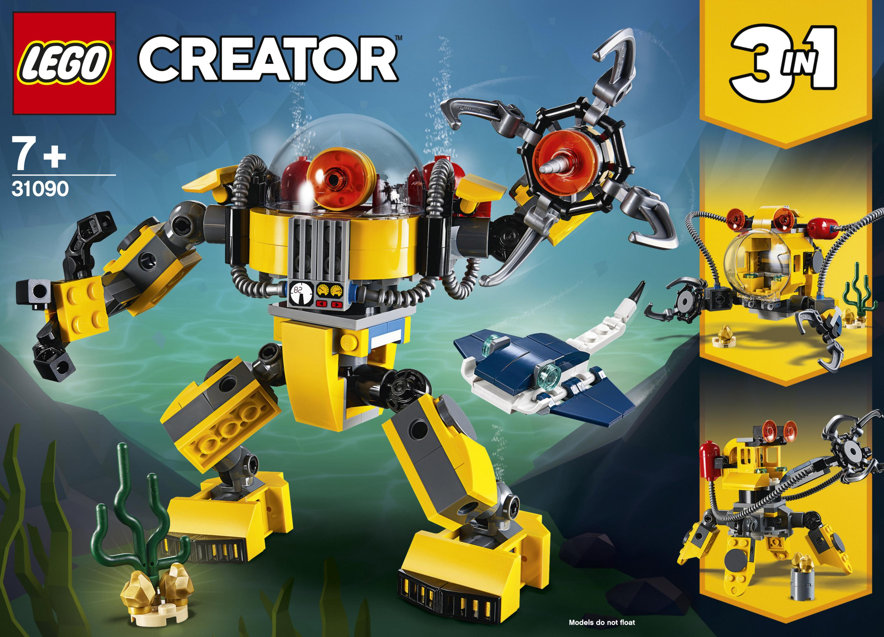 Ensemble Lego Creator montrant un robot sous-marin jaune, un petit avion bleu et deux constructions alternatives.