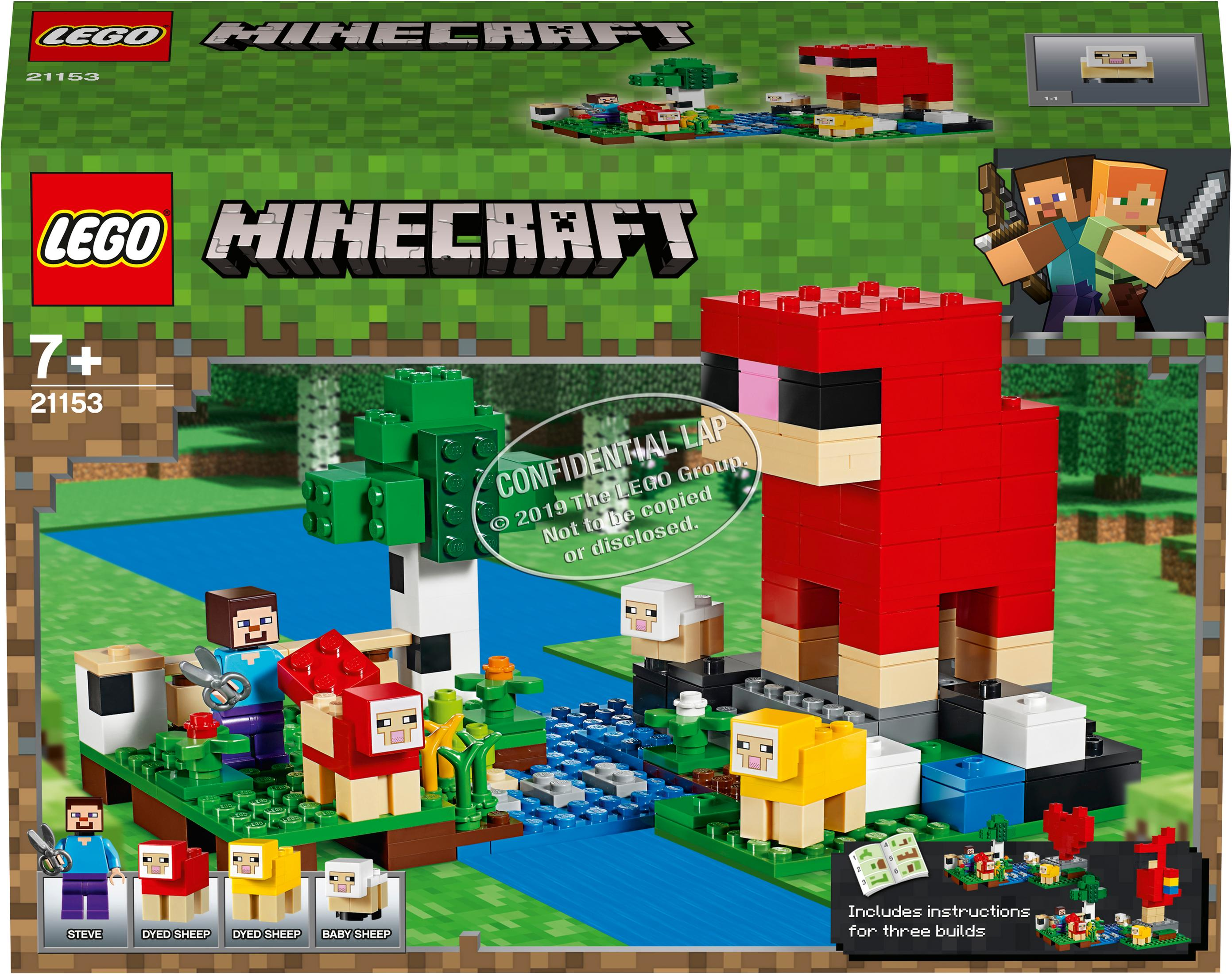 Scatola del set LEGO Minecraft con una pecora rossa e la figura di Steve in un paesaggio pixelato.